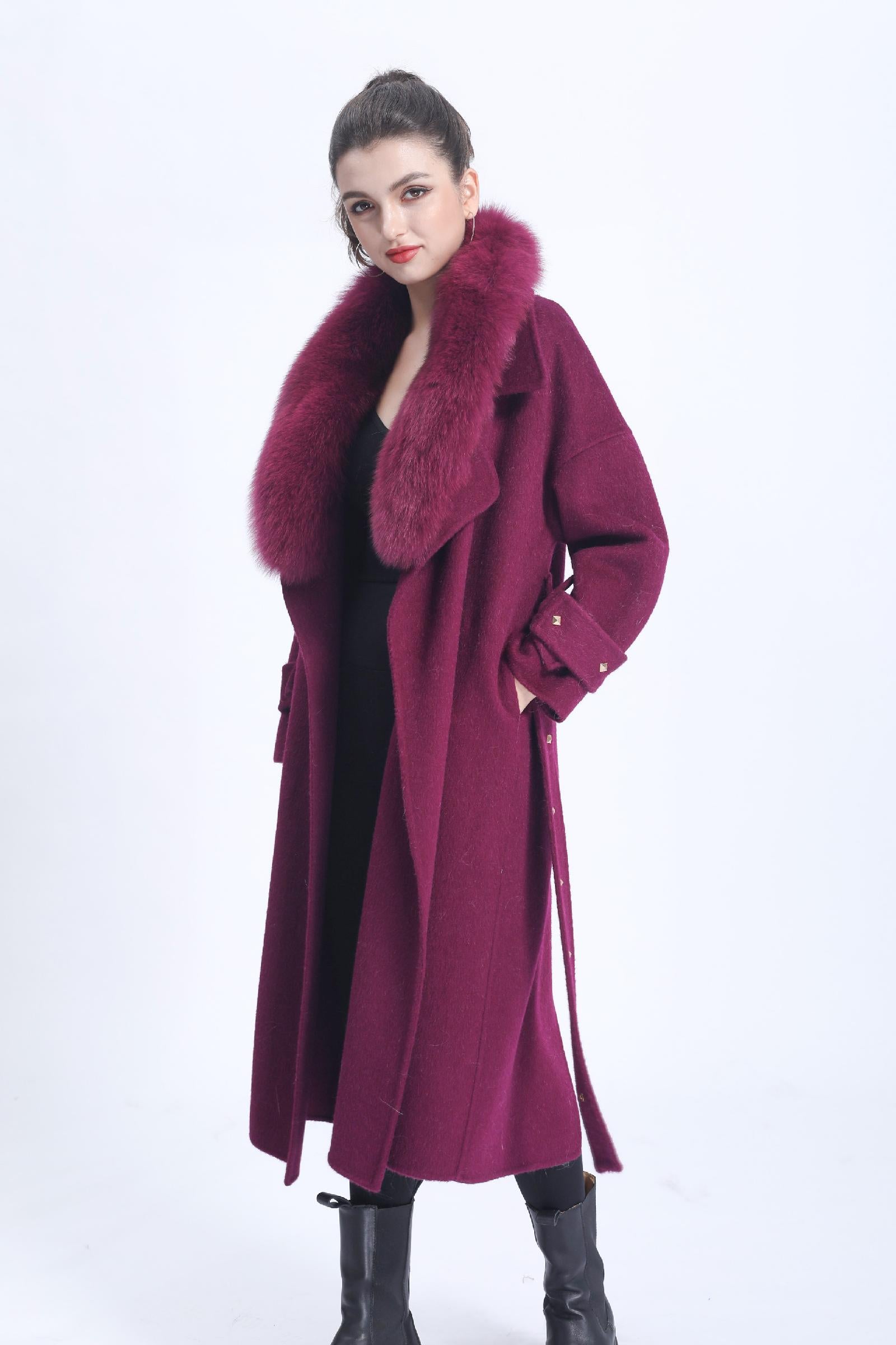 Women's Double-faced Wool Coat with Large Fur Lapel and Rivet Buttons Cashmere Jacket - Janefur