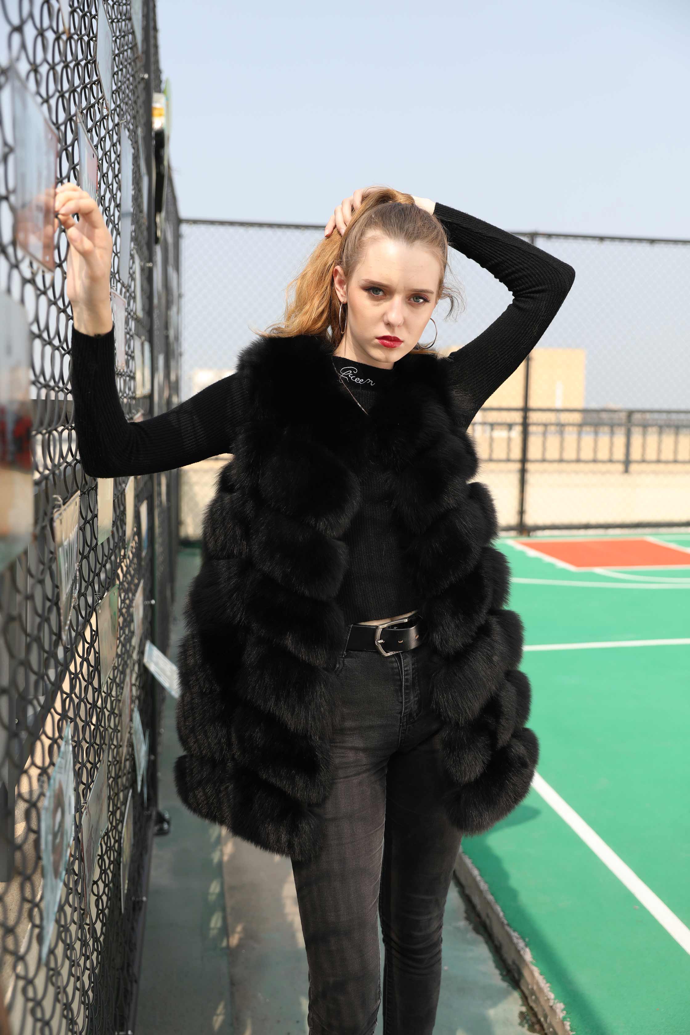 Women's Autumn And Winter Fox Real Fur Solid Sleeveless Vest - Janefur