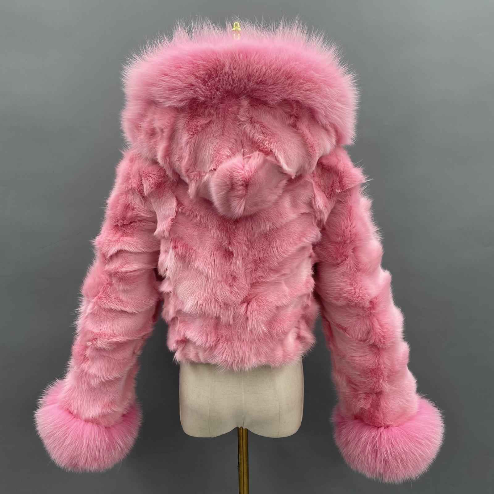 Fox Fur Coat for Women Luxurious Fox Fur Placket Hooded Zippered Jacket - Janefur