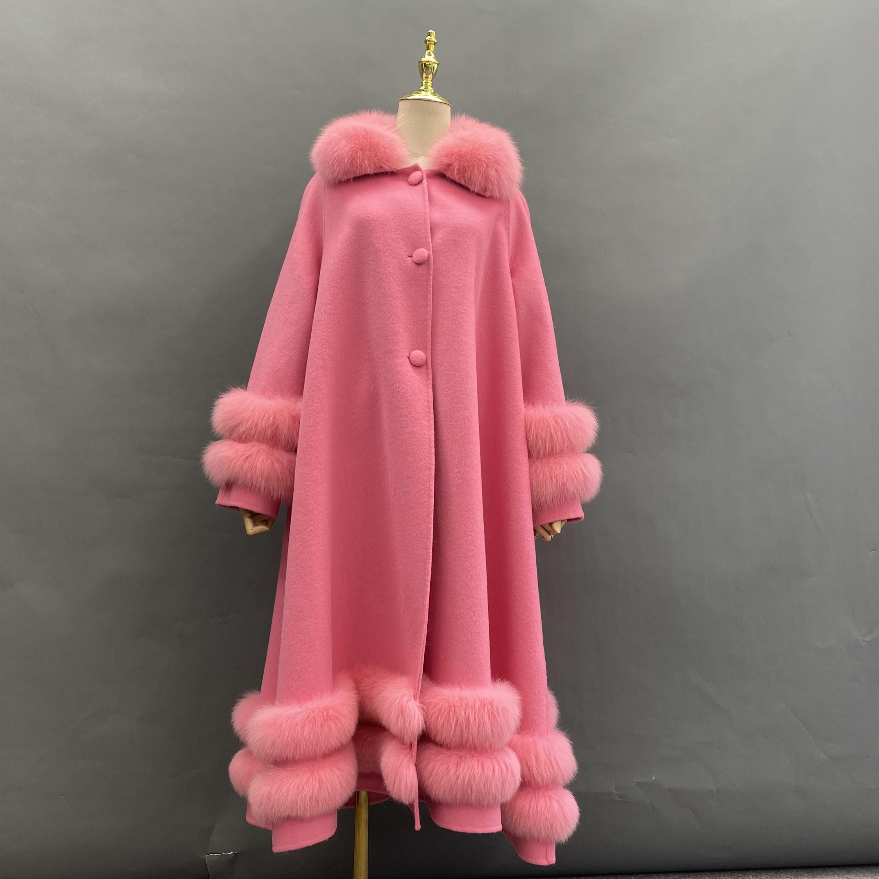 Women's Double Sided Cashmere Coat with Two Sections of Fur Collar at Hem and Cuffs - Janefur