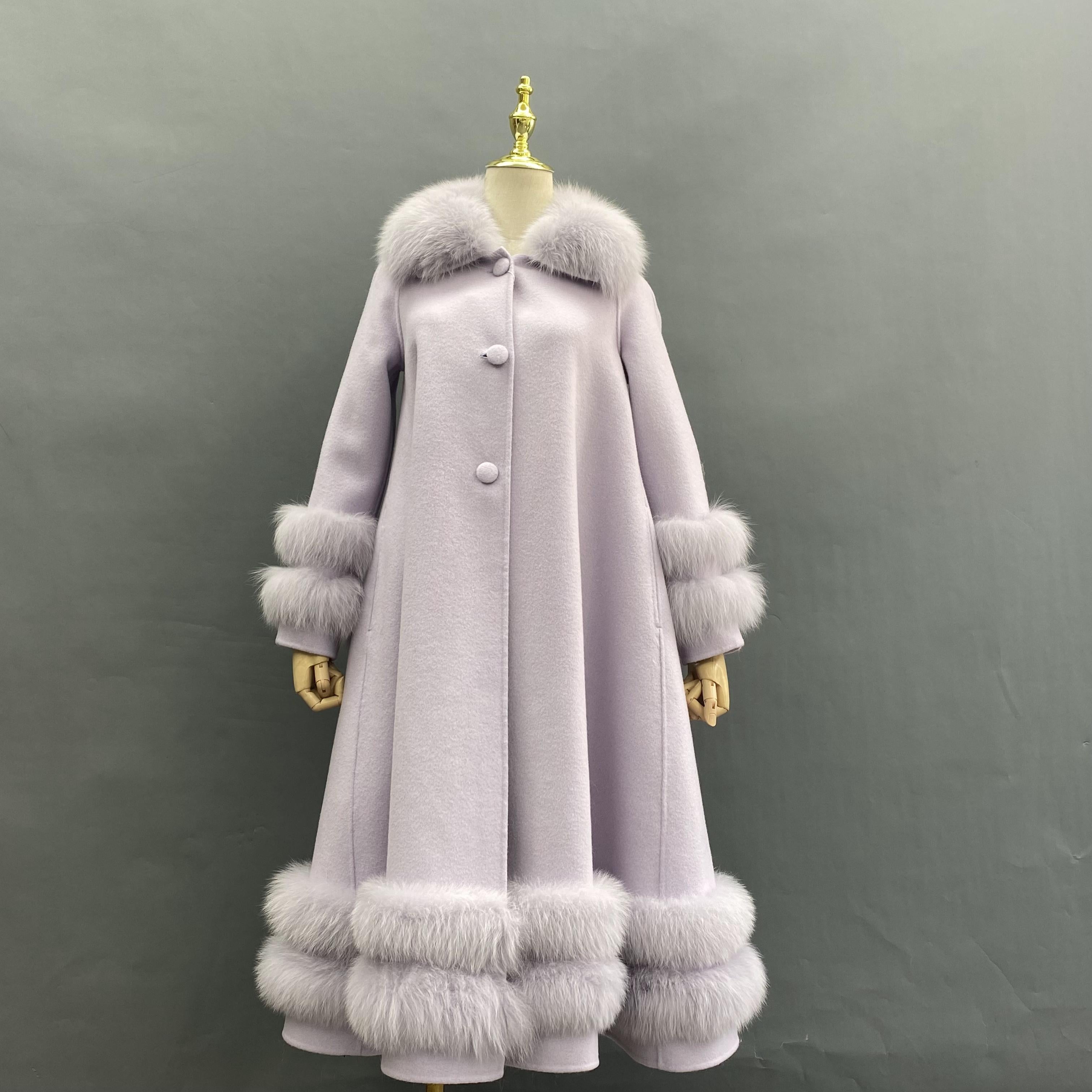 Women's Double Sided Cashmere Coat with Two Sections of Fur Collar at Hem and Cuffs - Janefur