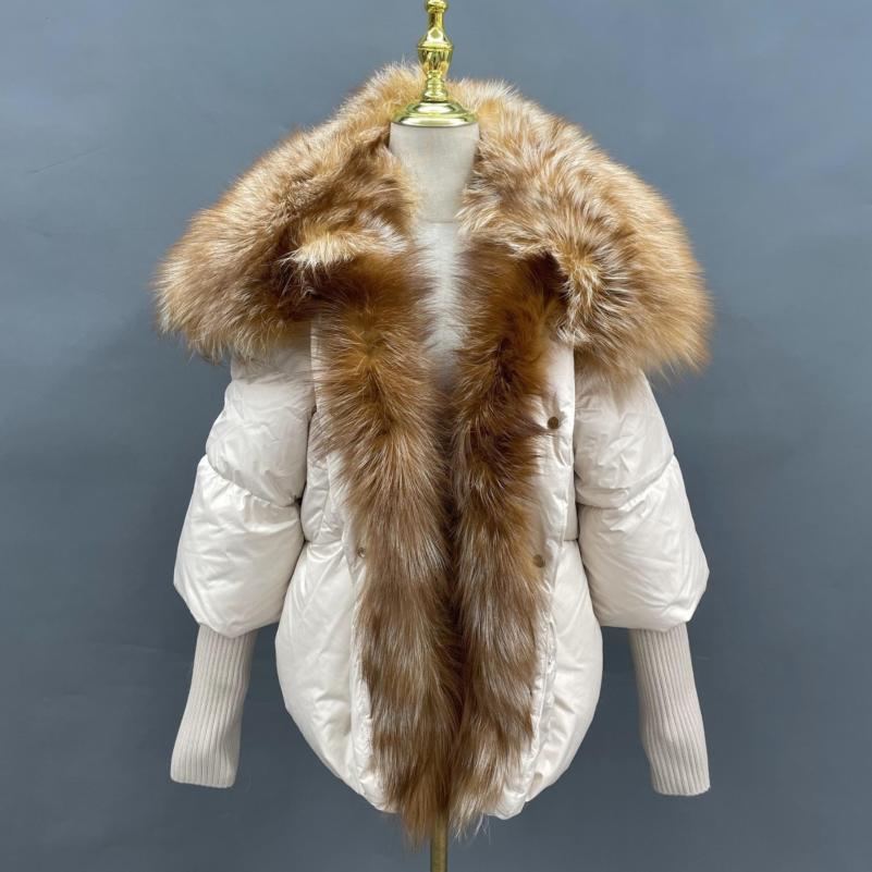 Knit Cuffs with Large Turn-down Collar Down Jacket - Janefur