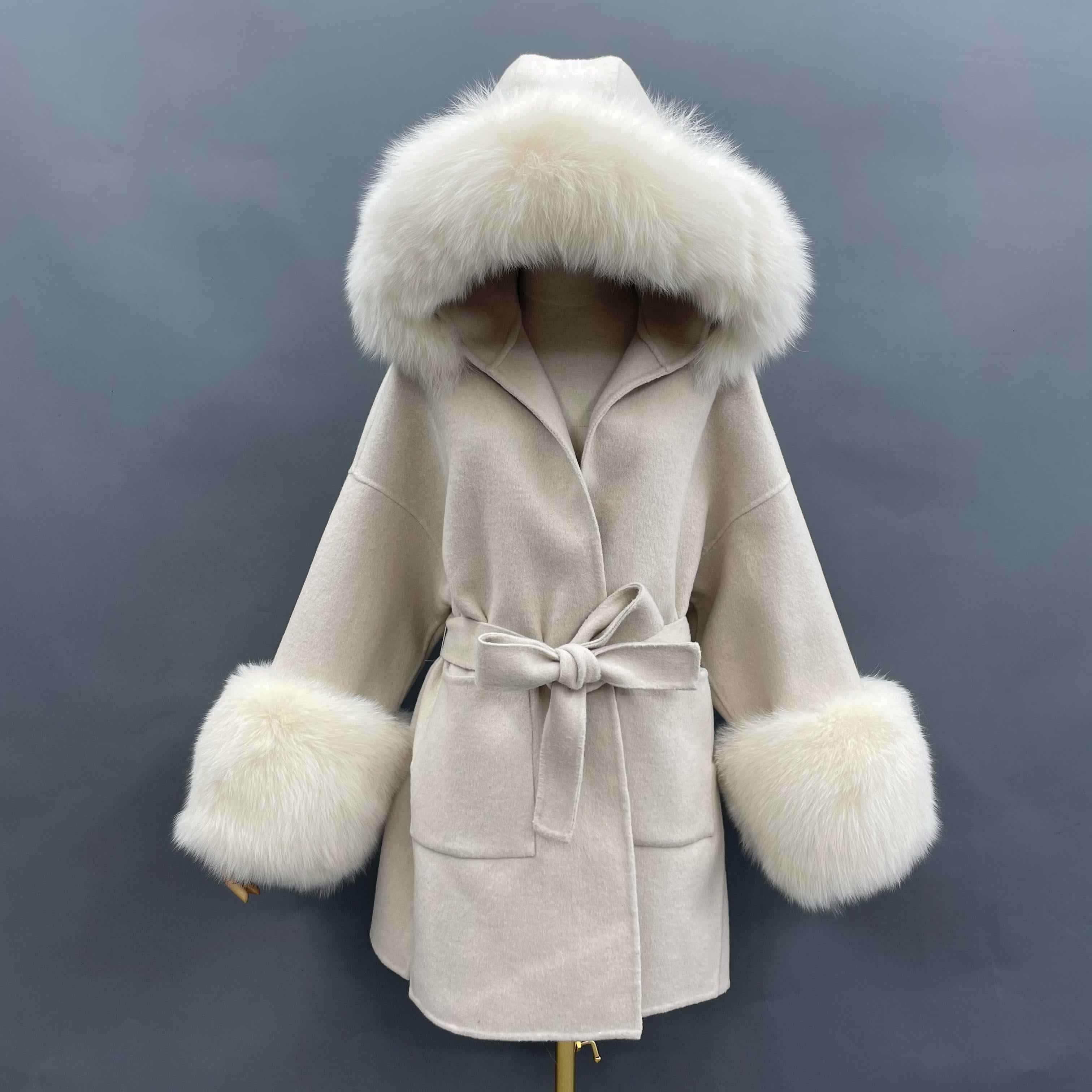 Double-faced Wool Coat Women's Casual Short Style with Cuffed Fur Sleeves, Hood, and Fur Collar Cashmere Jacket - Janefur