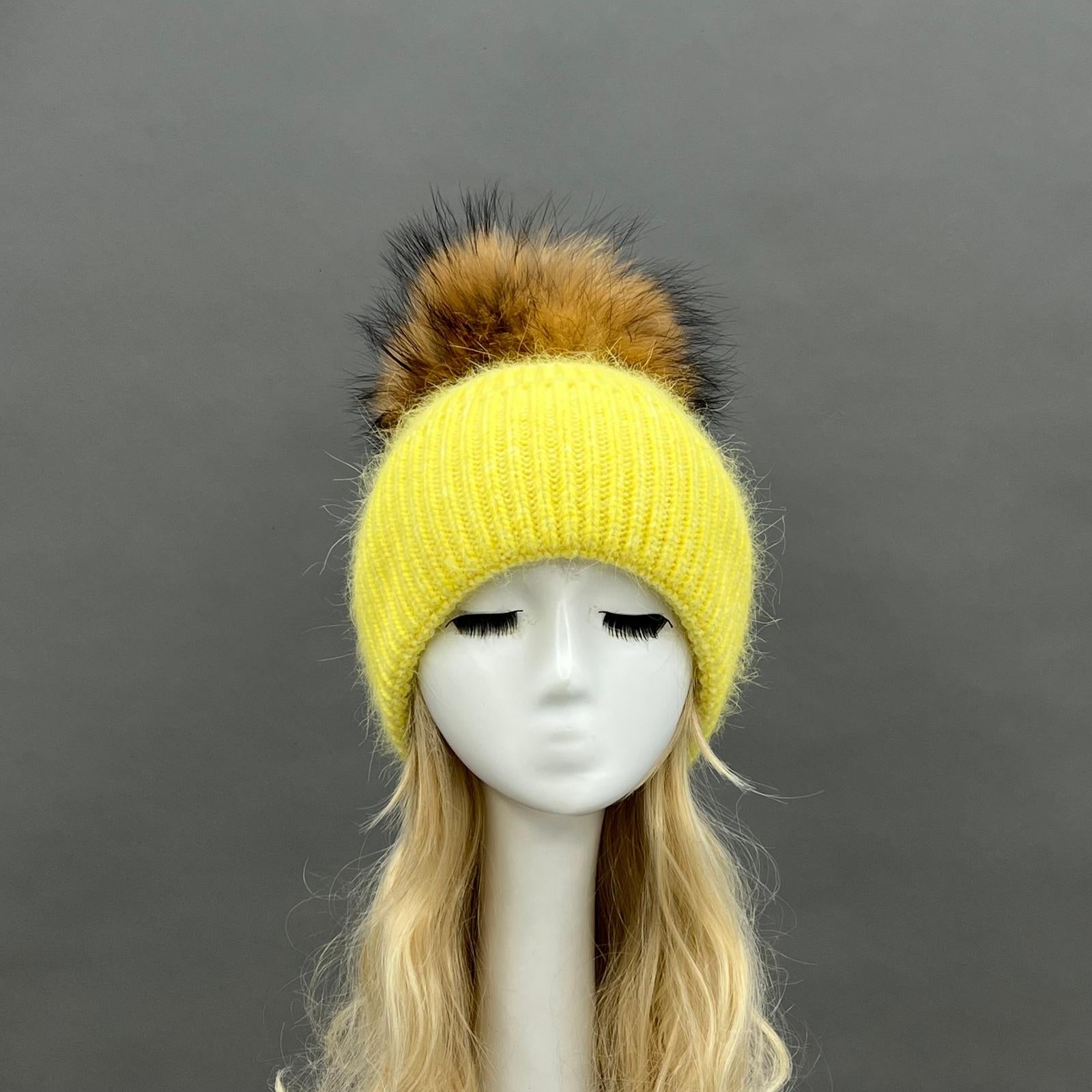 Women's Fashion Thin Striped Rabbit Fur Pom Pom Hat - Janefur