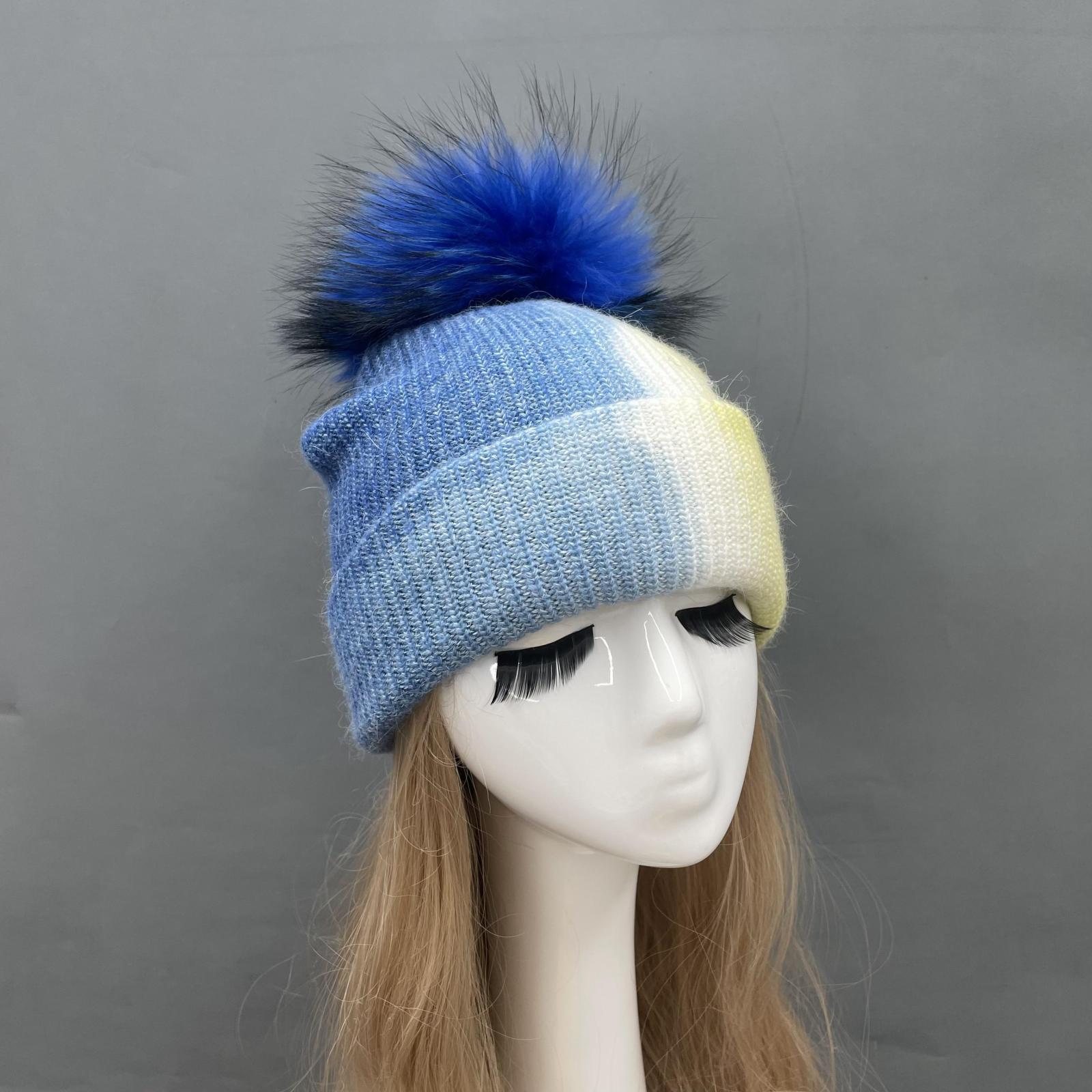 Ladies Gradient Angora Knitted Hat Fur Pom Pom - Janefur