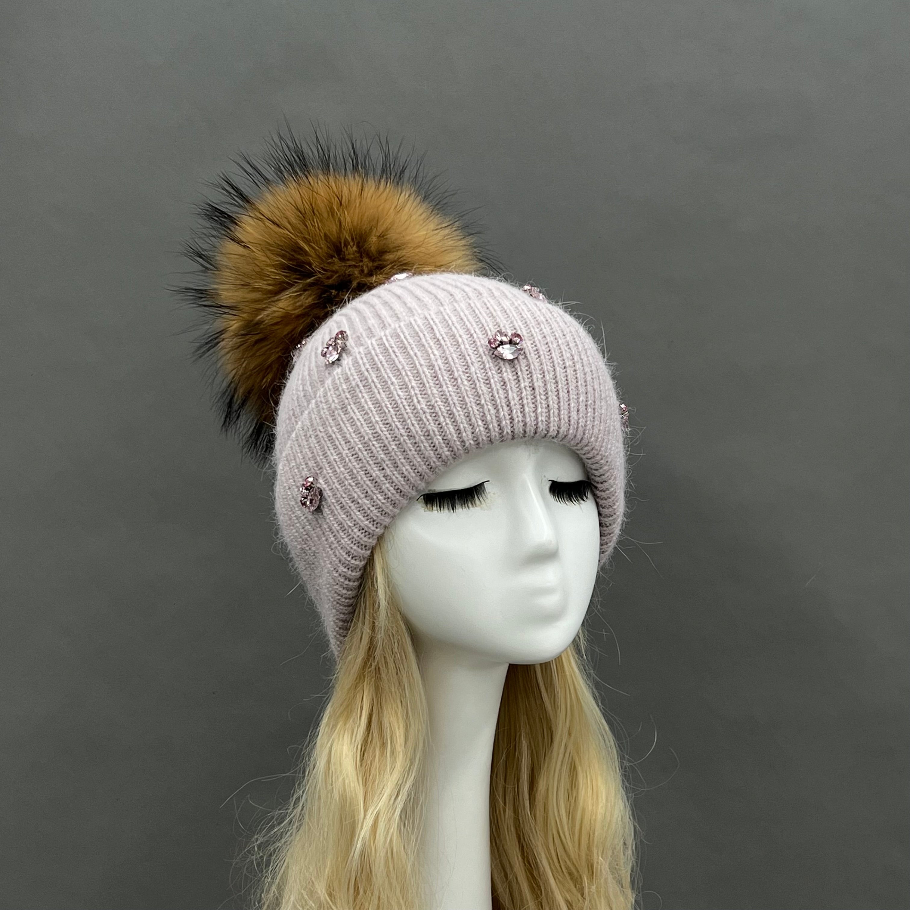 Ladies' Rabbit Fur Hat with Small Rhinestone Pompoms for Casual Wear - Janefur