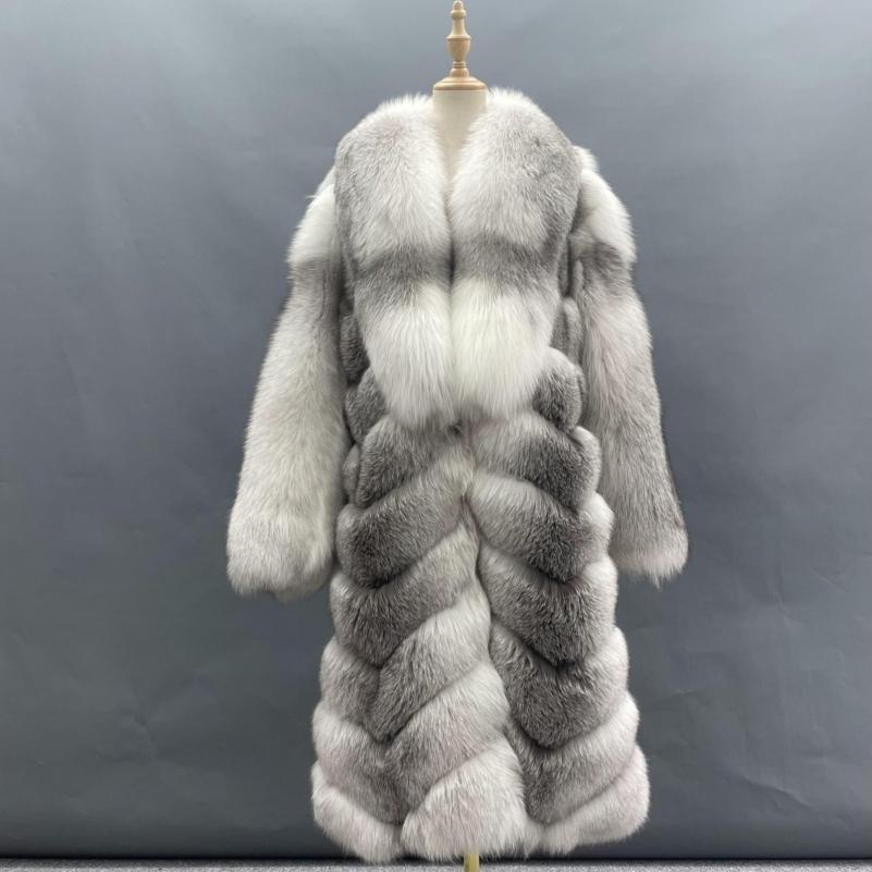 Fashion High-Quality Wholesale Custom Fox Fur Coat Luxury Large Lapel Diagonal Stripe Loose Coat - Janefur