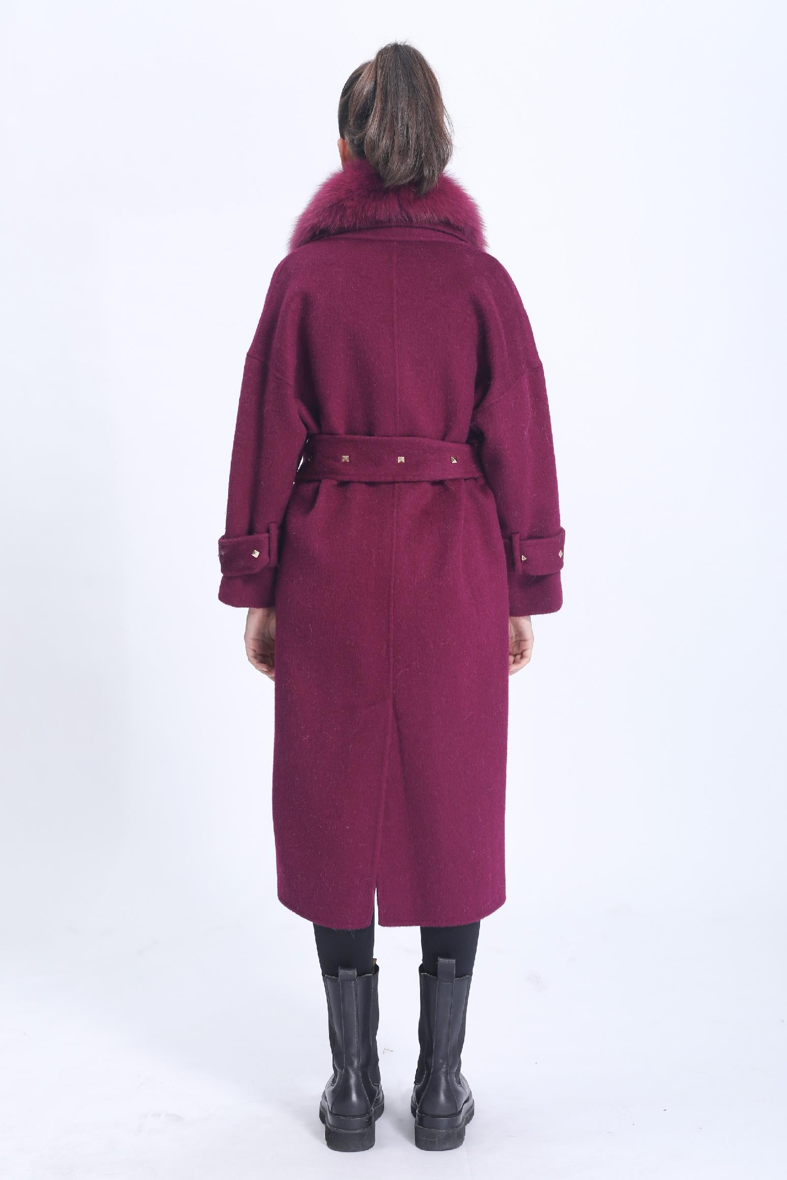 Women's Double-faced Wool Coat with Large Fur Lapel and Rivet Buttons Cashmere Jacket - Janefur