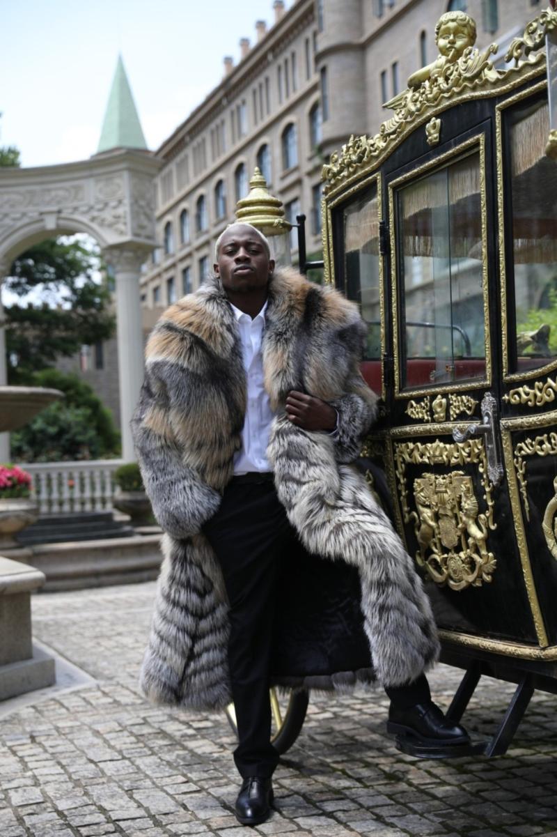 Men's Long Coat with a Golden Island Fox Fur Collar and Buttoned Front - Janefur