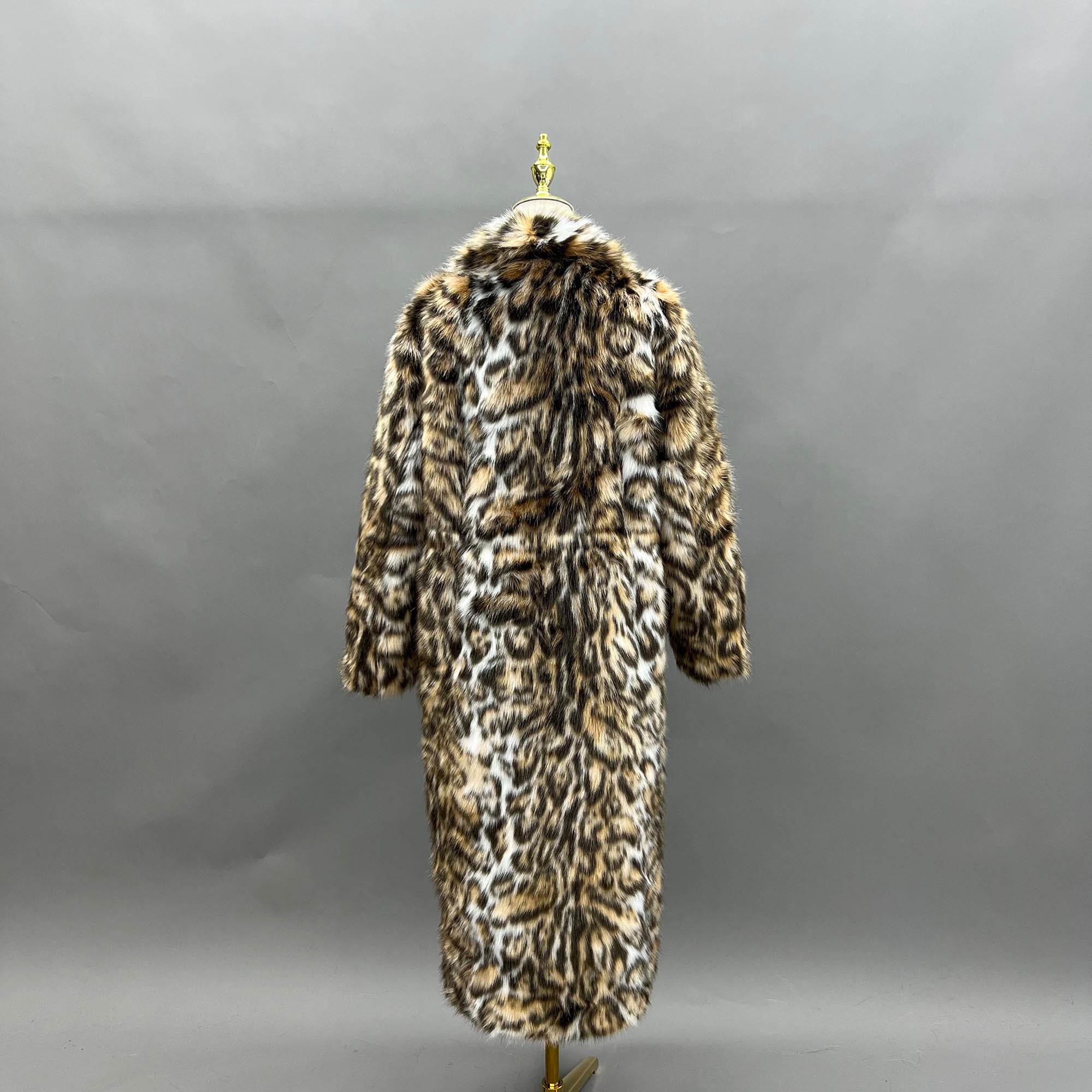 Eco-Friendly Faux Fur Coat Women's New Style Mandarin Collar Leopard Pattern Long Jacket - Janefur