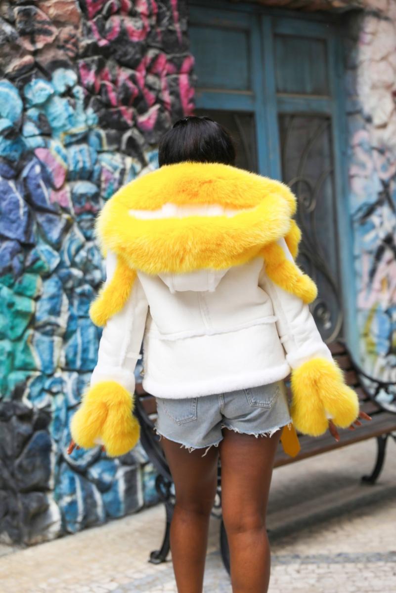 New detachable fur collar on the hood, short leather and fur jacket - Janefur