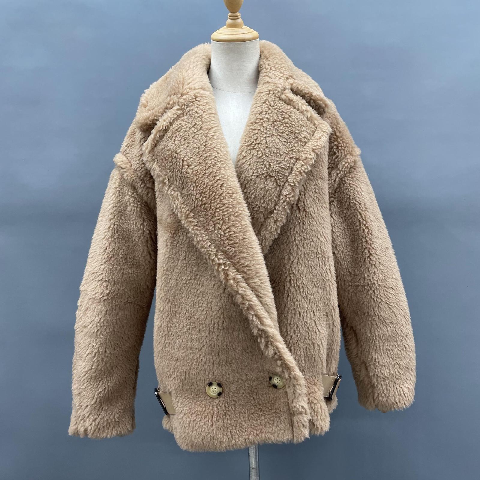 Womens' Teddy Shearling Coat with Leather Button Hem and Double-breasted Lamb Wool Jacket Spring Fur Coat - Janefur