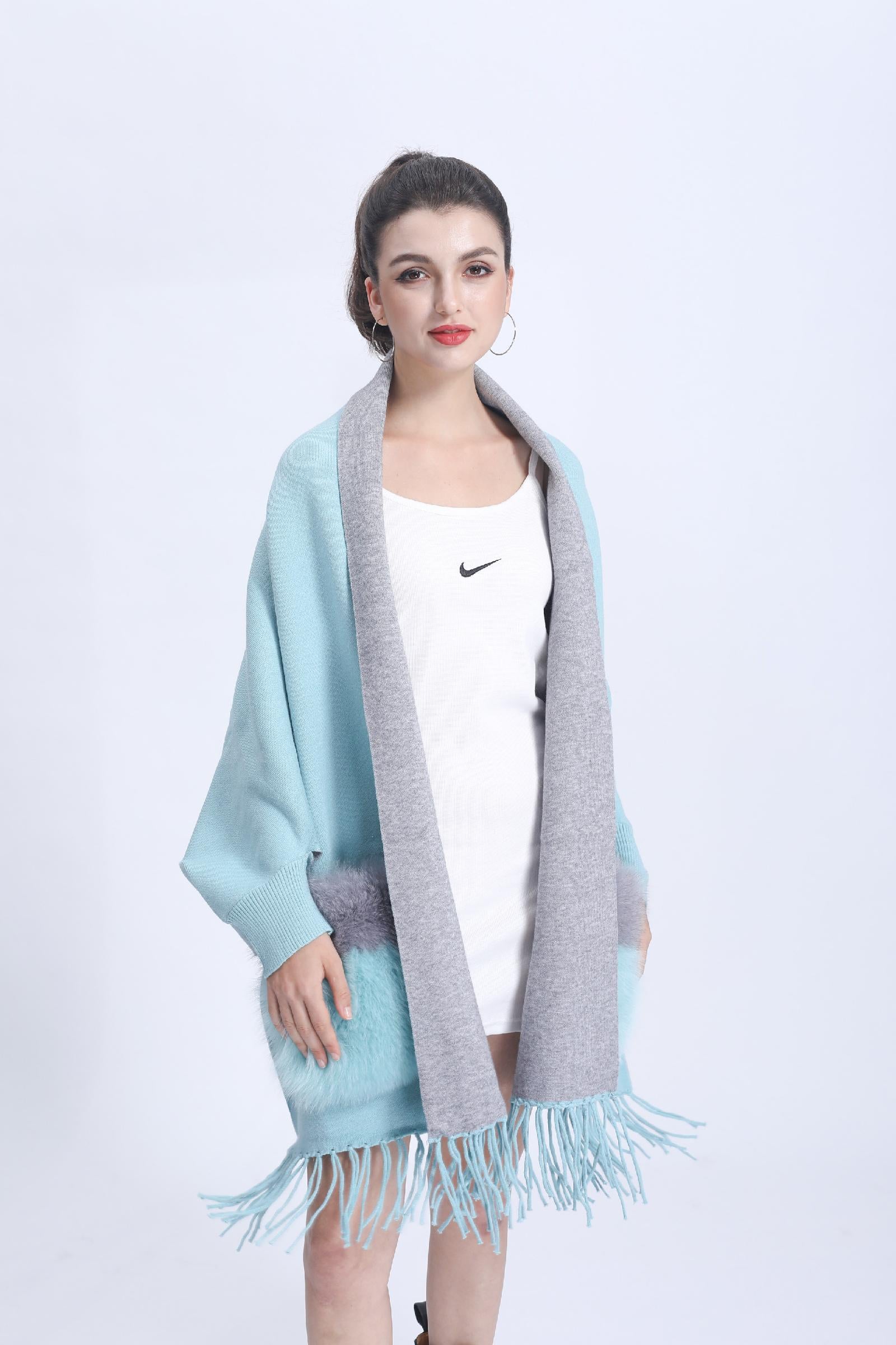 Women's Shawl Cape with Pockets Fur Contrast Ribbed Cuffs Fashionable Soft Sleeved New Cape - Janefur