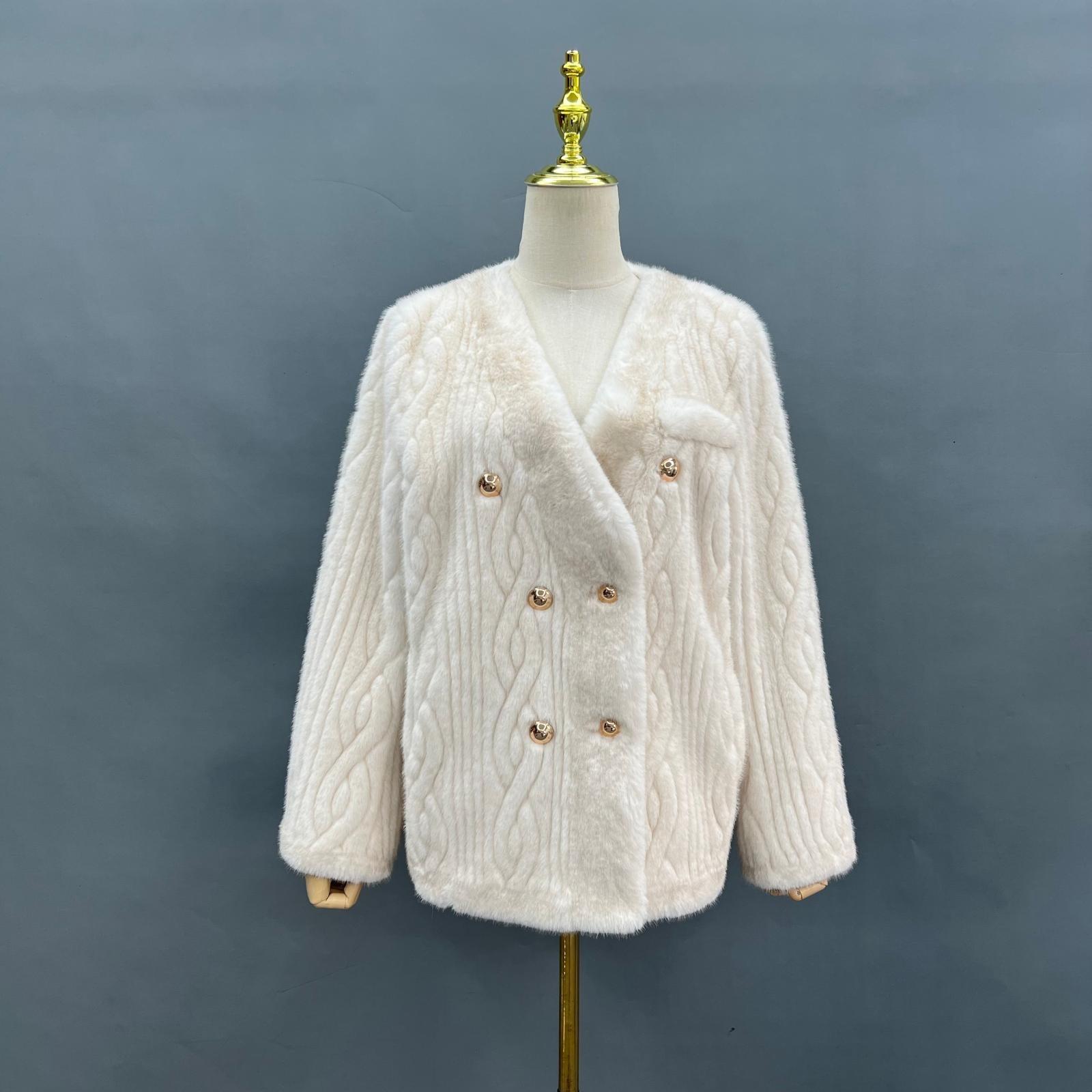 Women's Metal Button V-Neck Elegant Fashion Faux Mink Jacket - Janefur