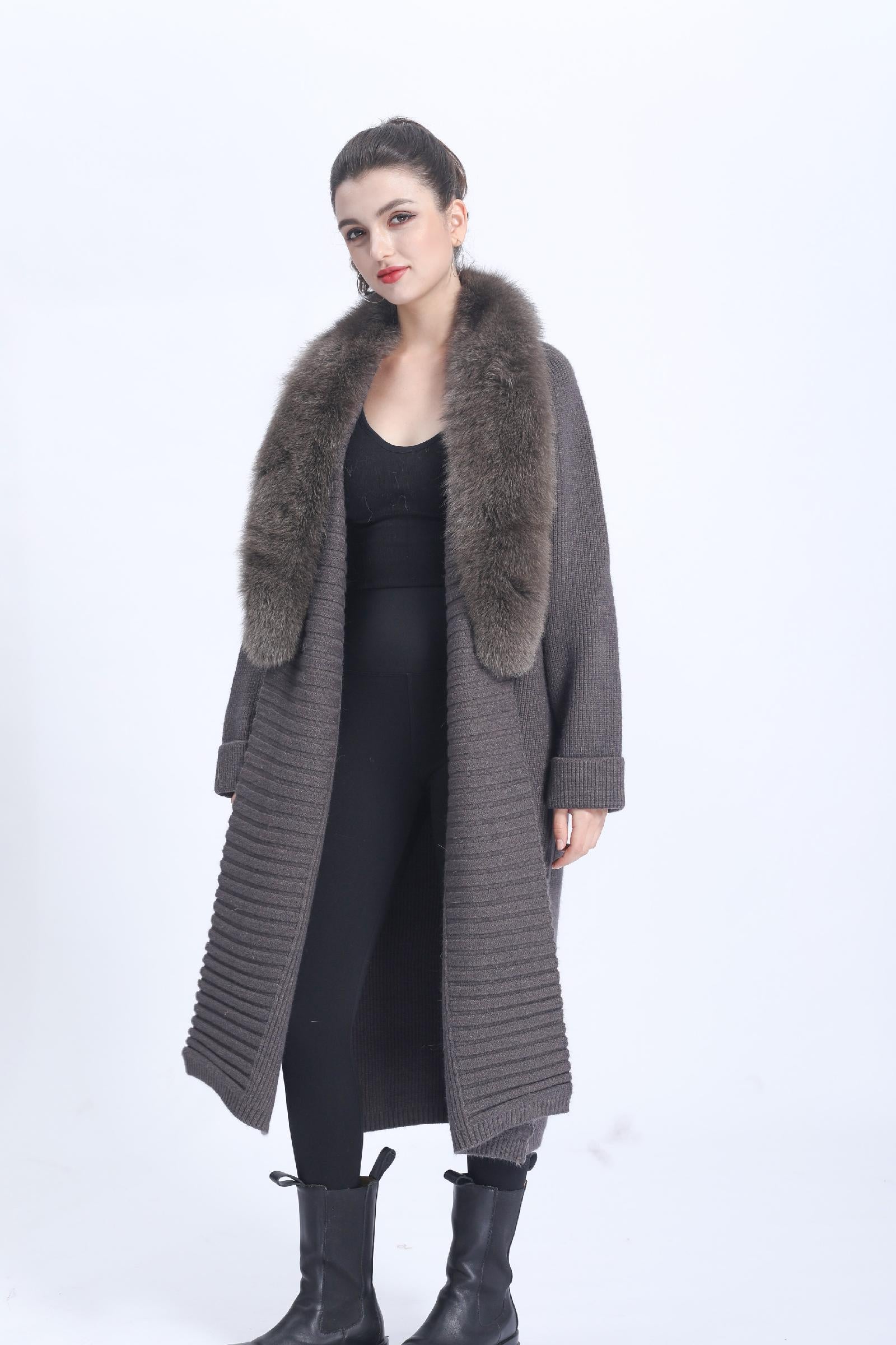 Ladies' Wide Lapel Belted Knitted Sweater Spring Knit Cardigan Long Outerwear - Janefur