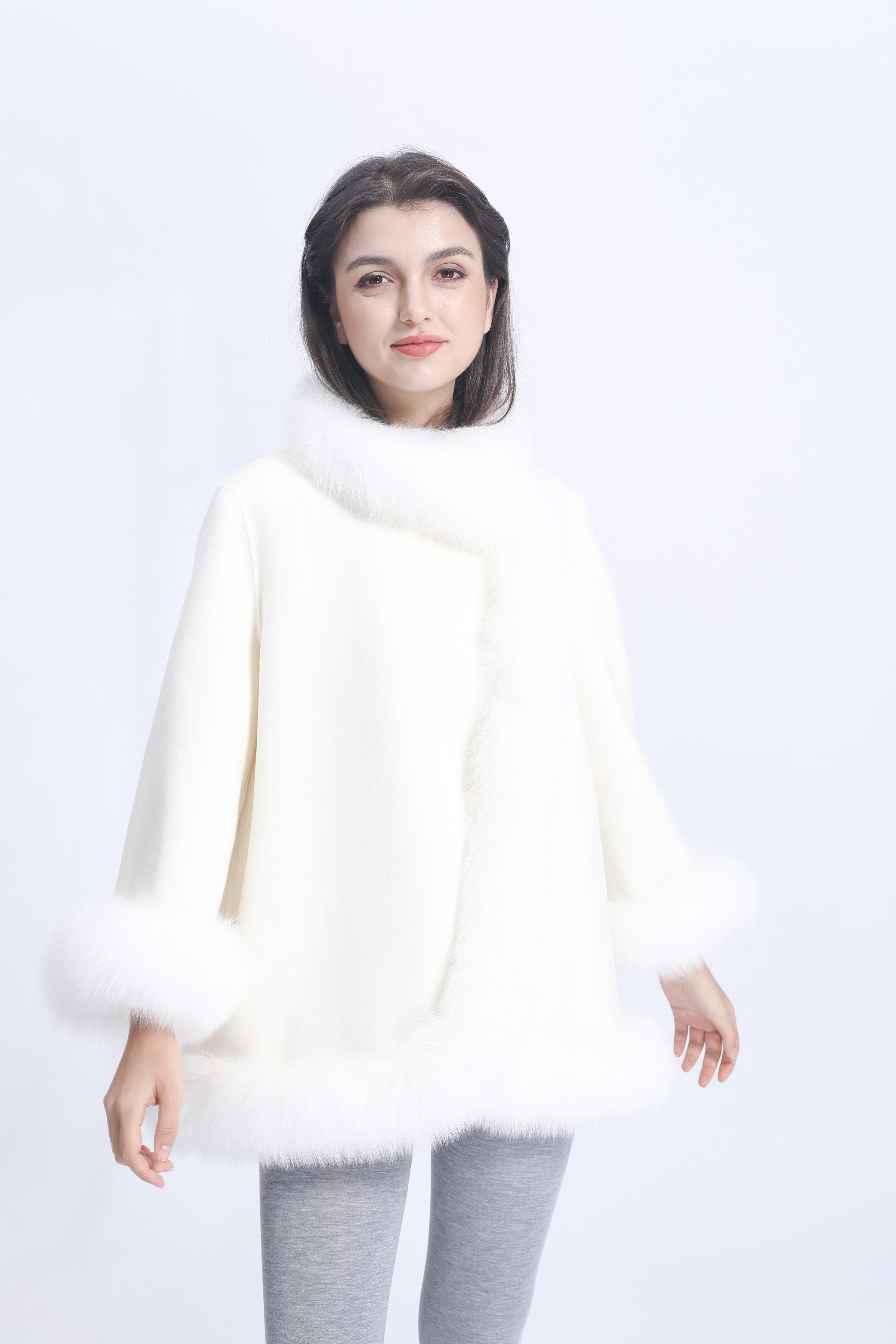 Women Elegant Style Cashmere Coat with Fox Fur Trim Shawl - Janefur