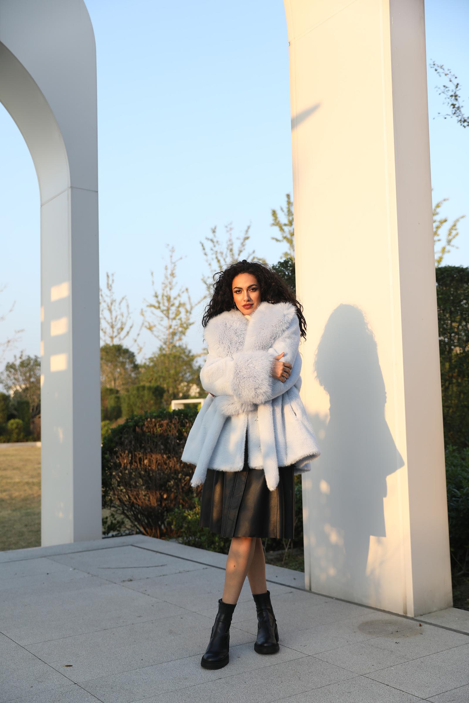 Eco-friendly Mink Fur Faux Mink Fur Shawl Collar Skirt Hem Women's Winter Coat - Janefur