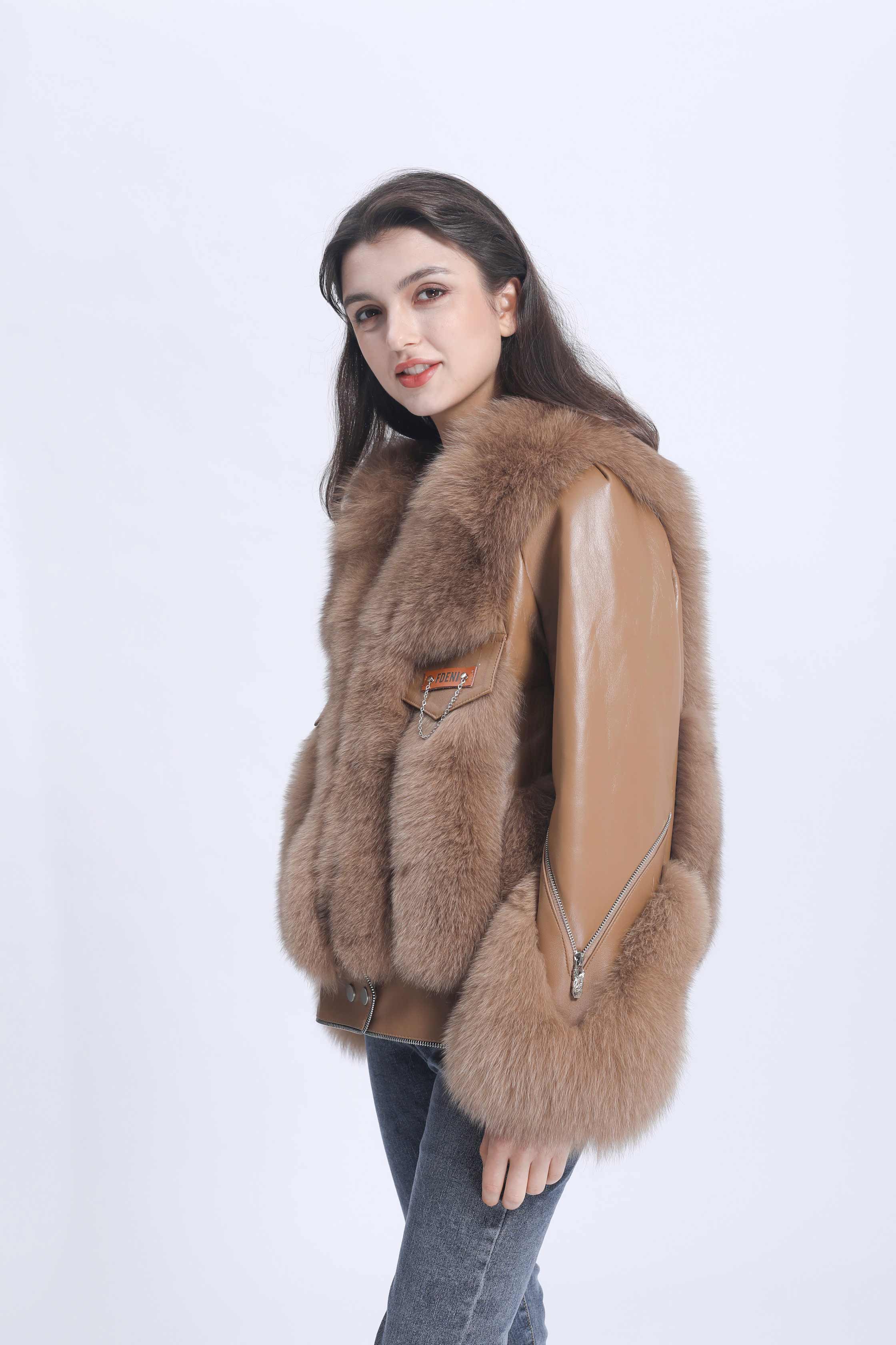 Fashion Design Zipper Women's Real Fox Fur Spliced Sheepskin Luxury Coat - Janefur