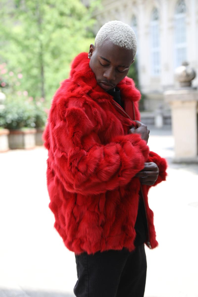 Red Coat Zipper Lapel Windproof Men's Fashion Fox Fur Jacket - Janefur