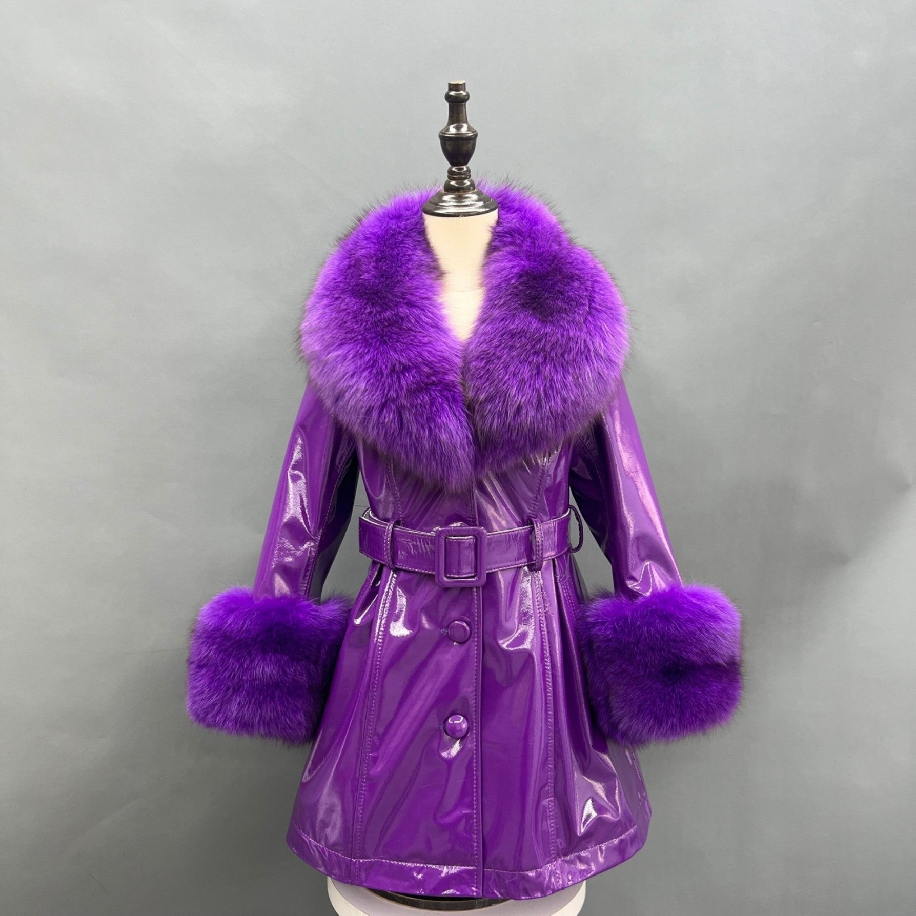 Children's Large Flip Collar Collar Terry Long Shiny Leather Jacket - Janefur