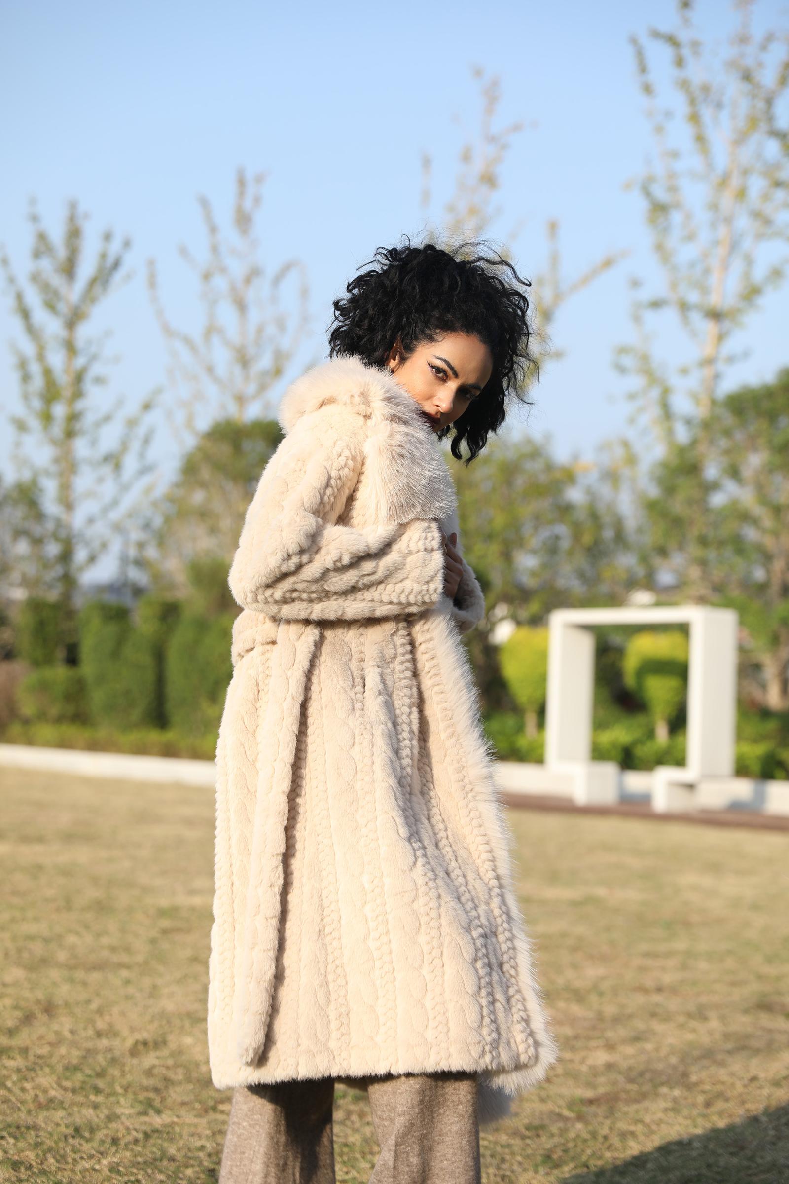 Eco-Friendly Faux Mink Fur Women's Long Coat with Suit Collar and Placket - Janefur