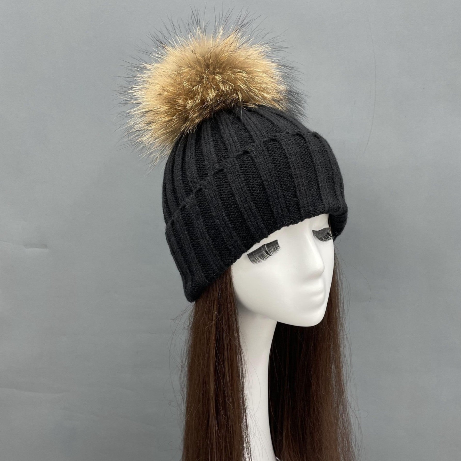 New Fall And Winter Striped With Fur Pom Pom Acrylic Hat - Janefur