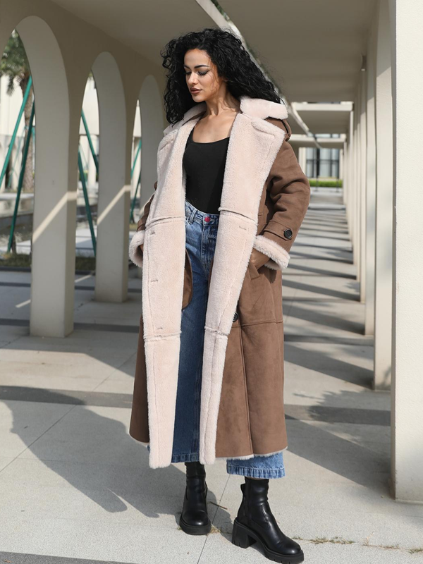 Leather and Fur Combo Merlot Double-Breasted Women's Vintage Long Coat - Janefur