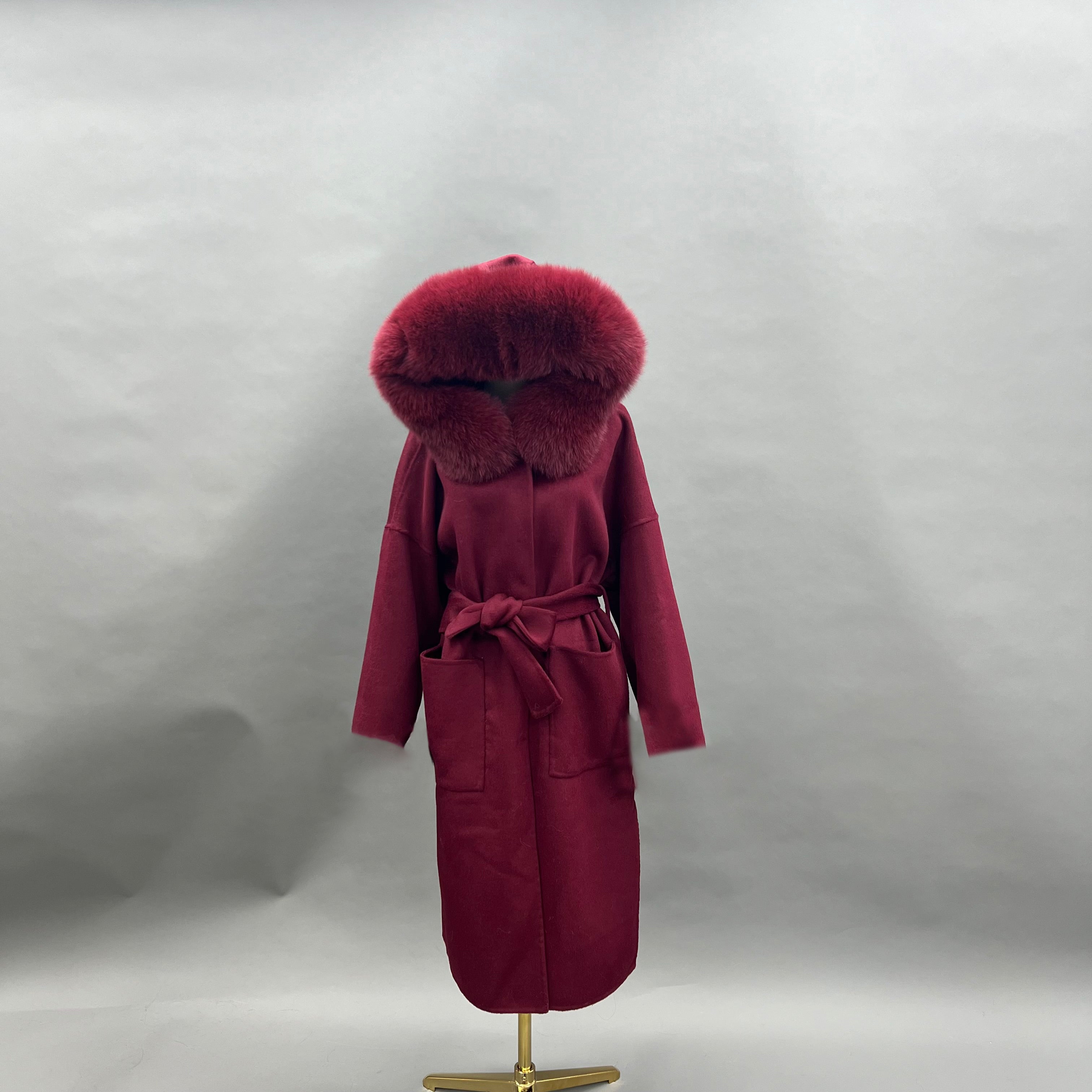 Modern Hooded Double-Faced Wool Coat with Cozy Fox Fur Details 7#Burgundy F