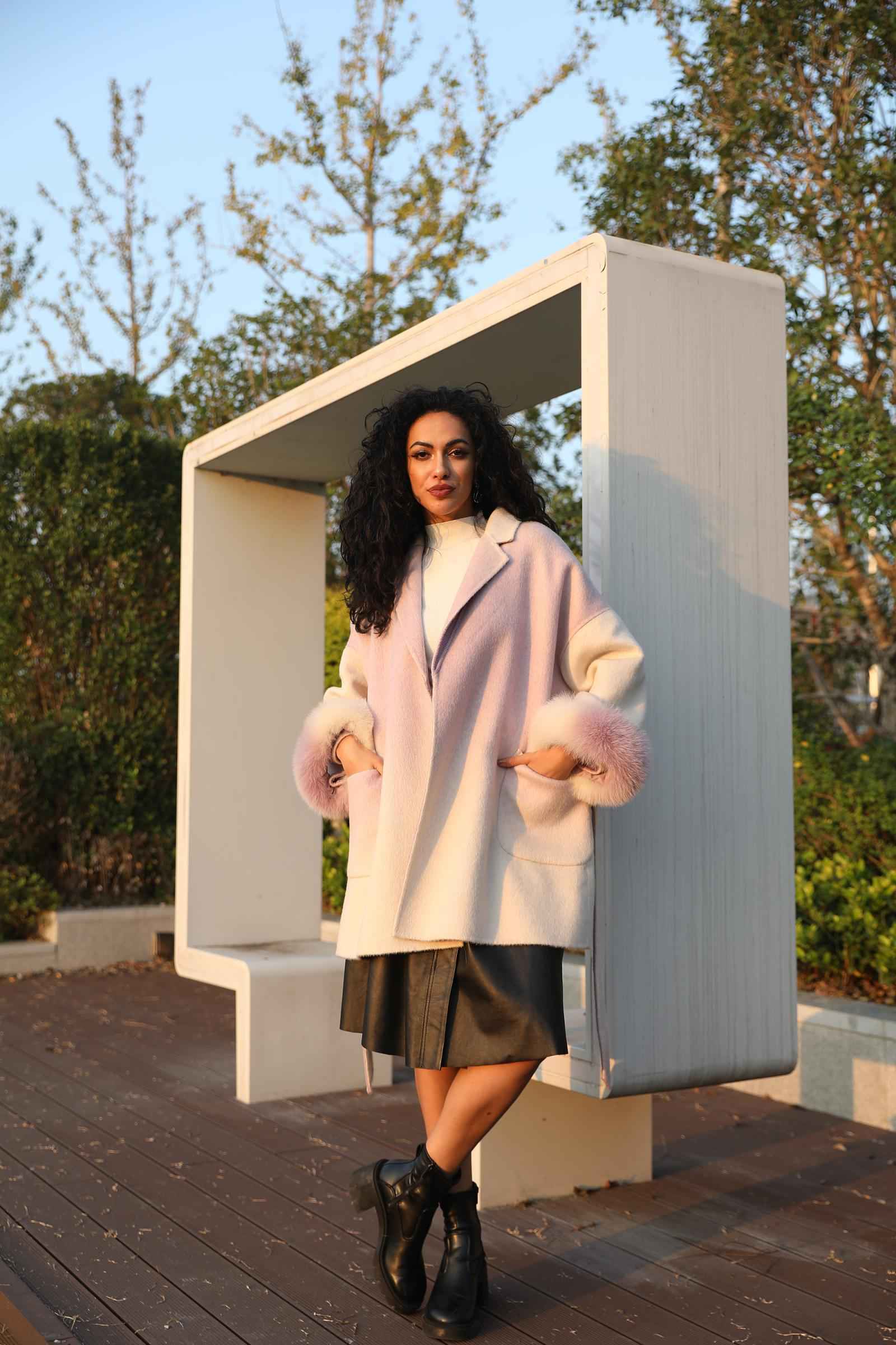 Double-faced Cashmere Coat for Women Sweet Cool Gradient Color Suit Collar Double-faced Wool Jacket - Janefur