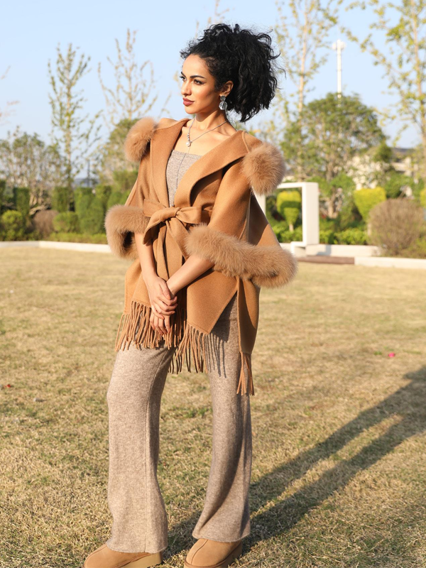 Double-Faced Cashmere Cape Coat for Women with Hood and Fringe Double-Faced Wool Outer Jacket - Janefur