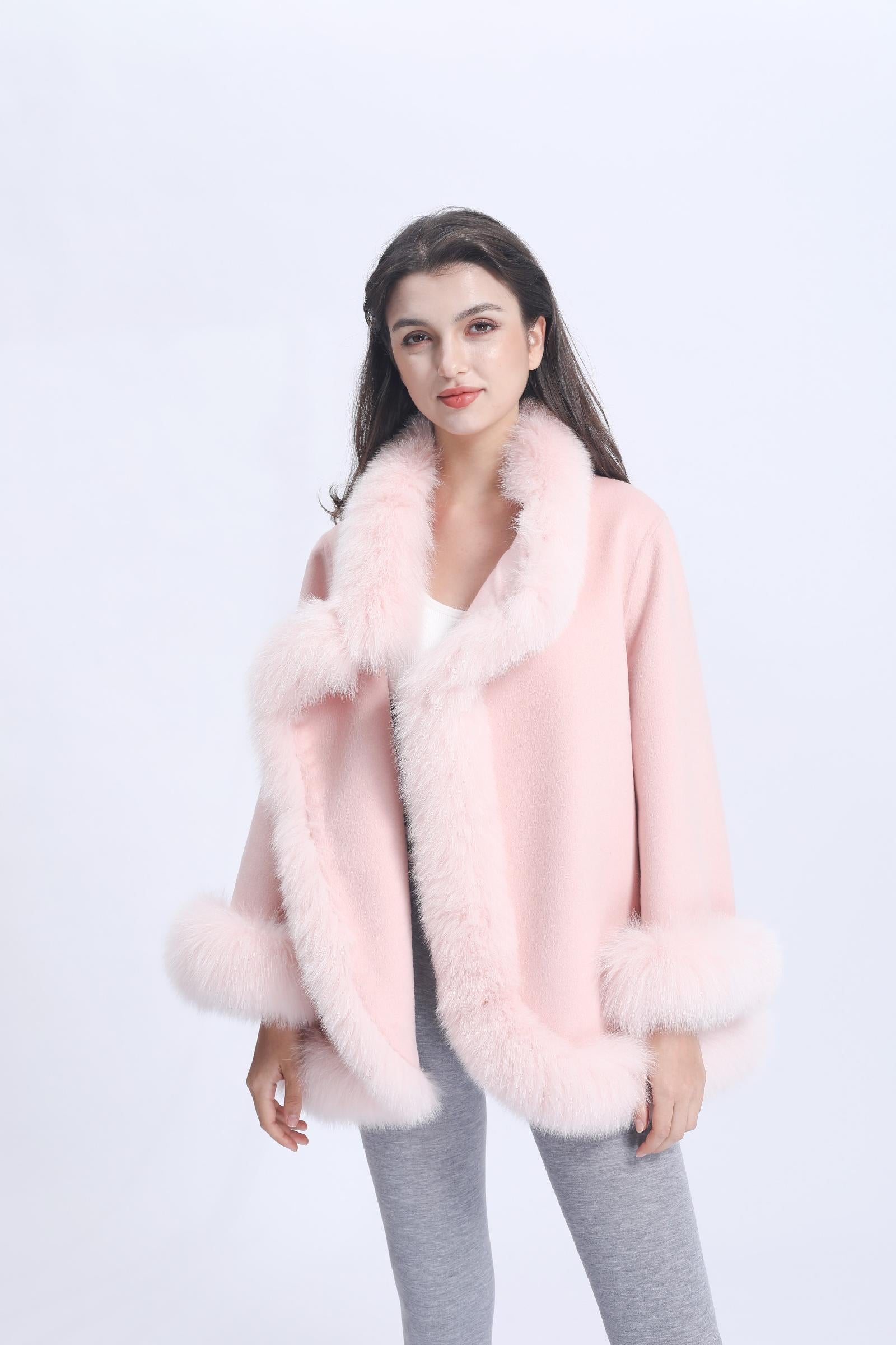 Women Elegant Style Cashmere Coat with Fox Fur Trim Shawl - Janefur