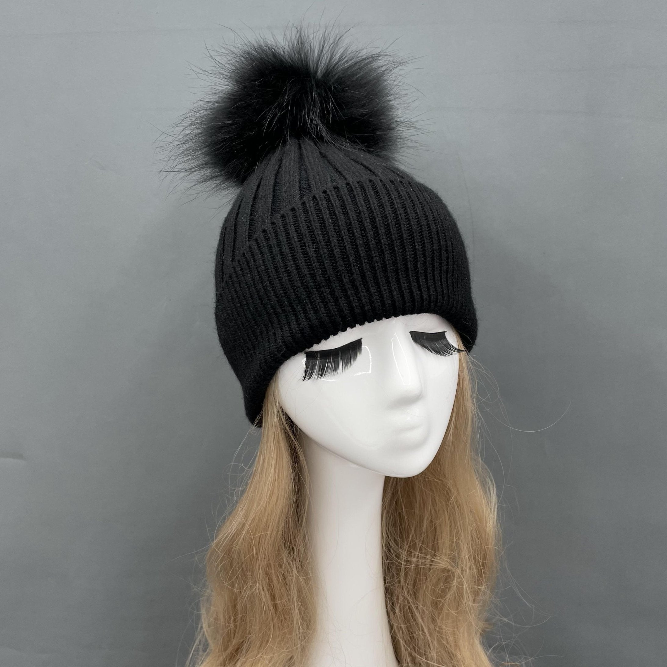 Winter Knitted Angora Beanie Hat With Removable Fur Pom Pom - Janefur