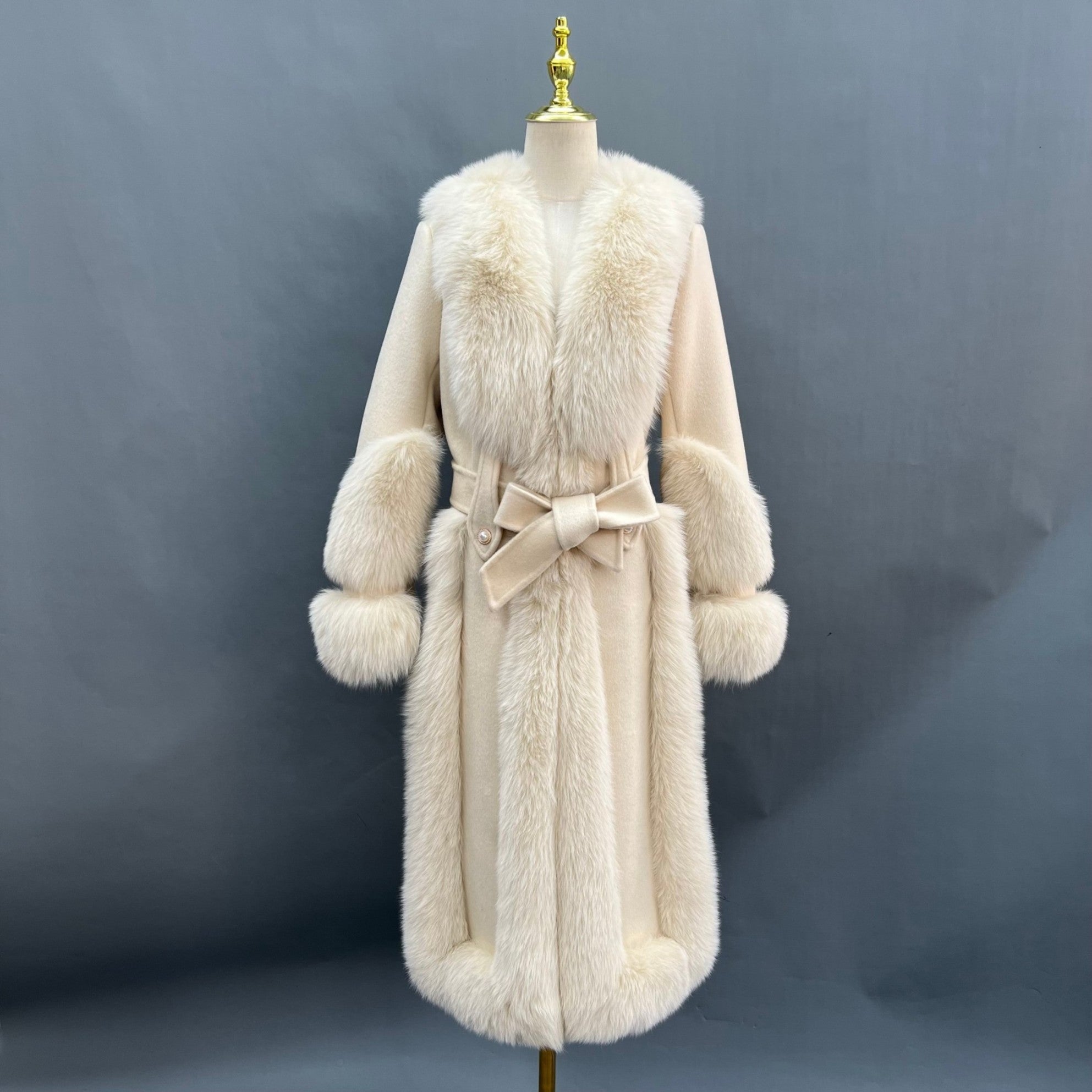 Trendy New Cashmere Spliced Fox Fur Long Down Jacket - Janefur