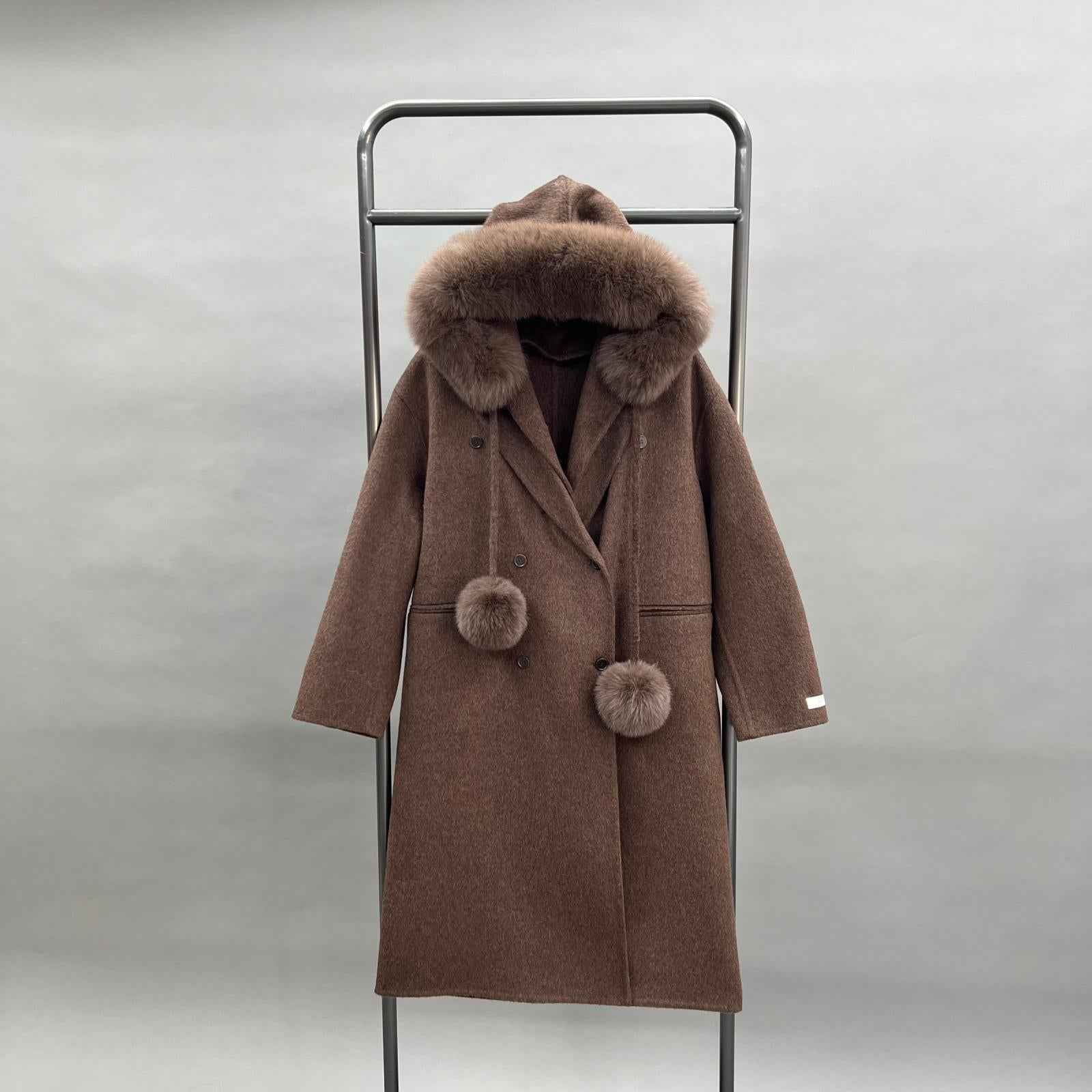 Double-Faced Wool Coat for Women Fashionable Removable Hat Long Double-Faced Wool Outer Coat - Janefur