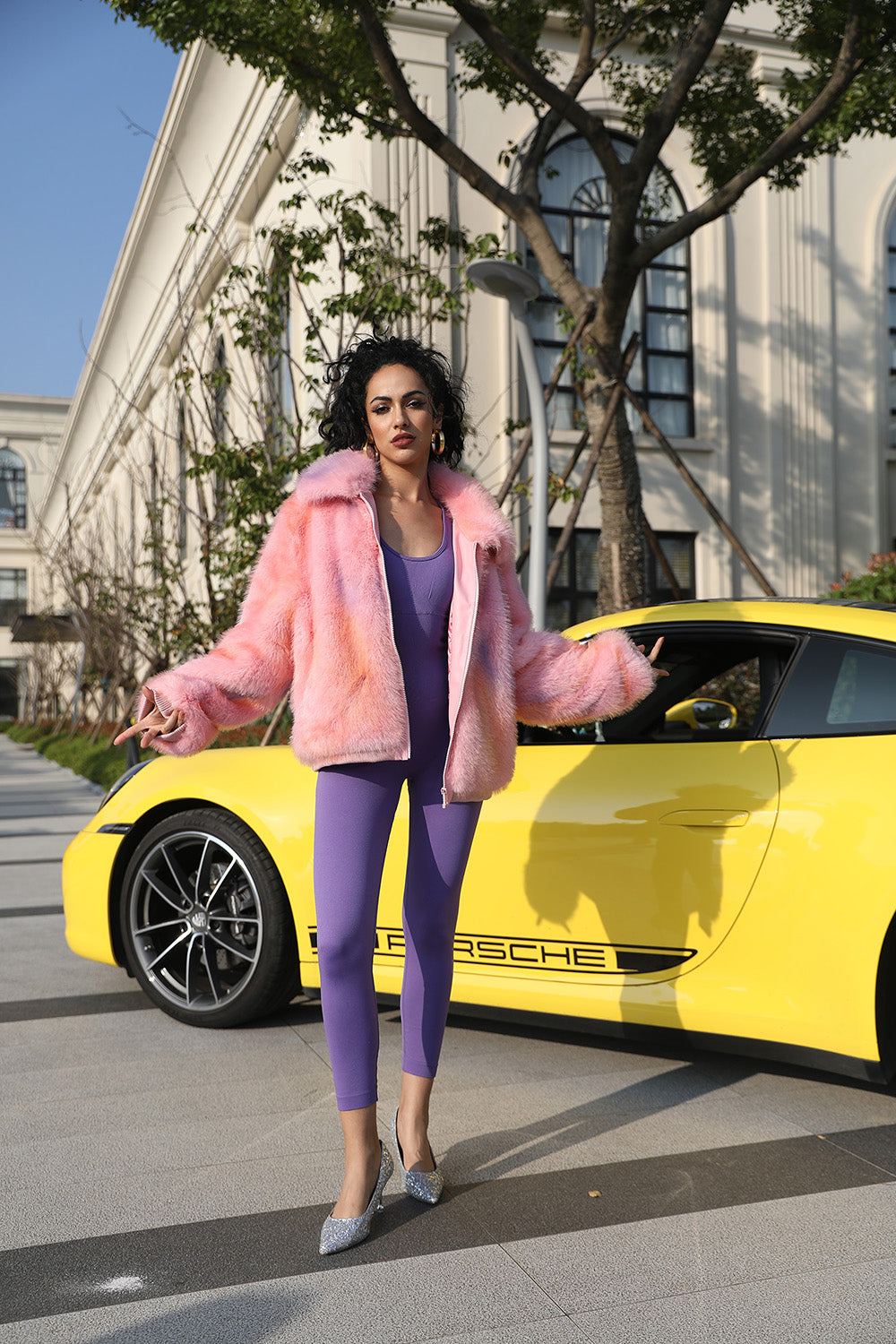 Janefur Lapel Zipper Womens Short Gorgeous Pink Faux Fur Jacket - Janefur