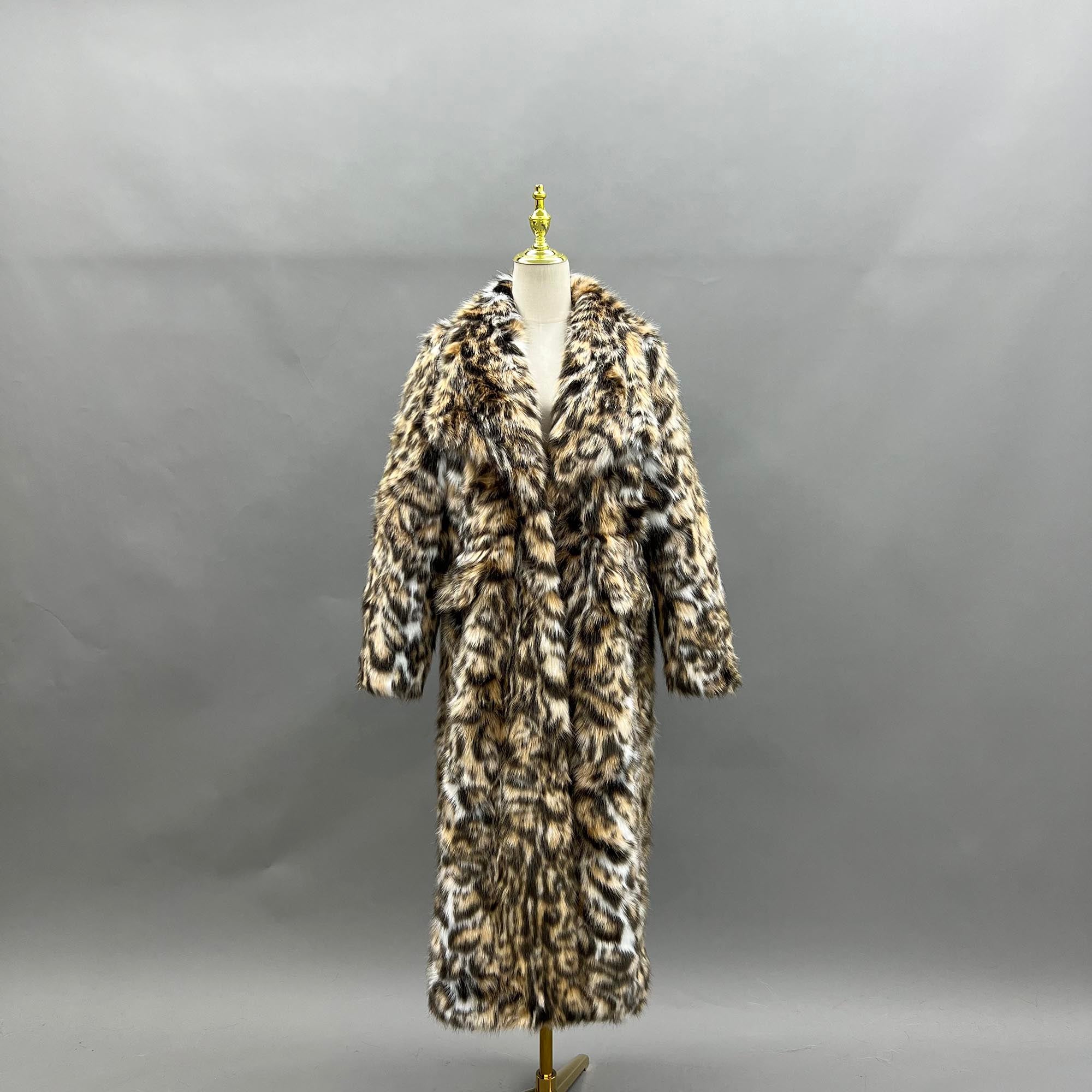 Eco-Friendly Faux Fur Coat Women's New Style Mandarin Collar Leopard Pattern Long Jacket - Janefur