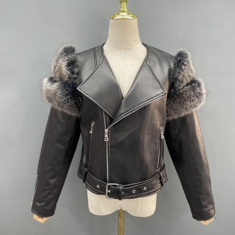 Fox Fur on Shoulders Leather Jacket - Janefur