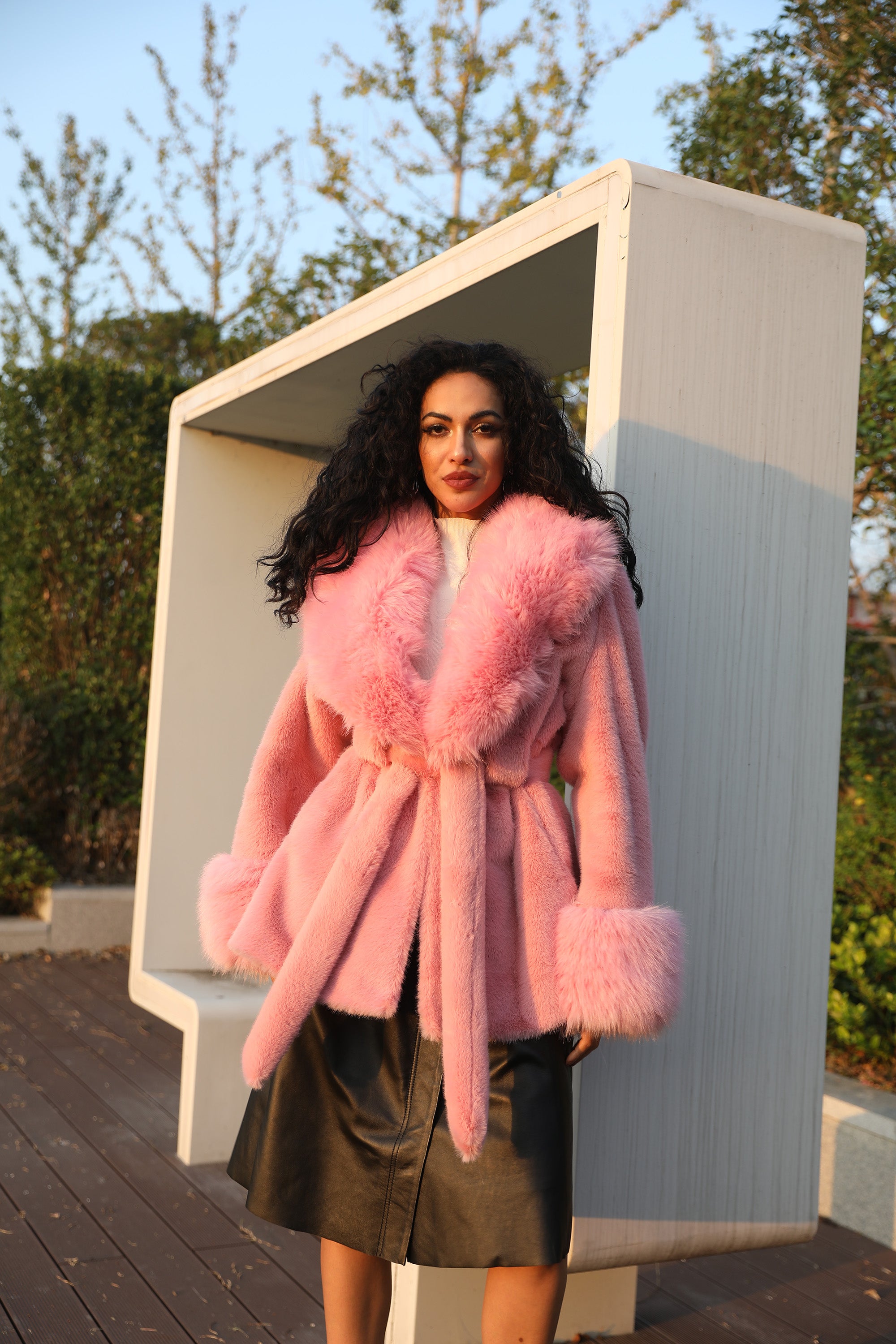 Janefur Womens Short Large Fur Collar Tie-Up Faux Mink Elegant Faux Fur Jacket - Janefur