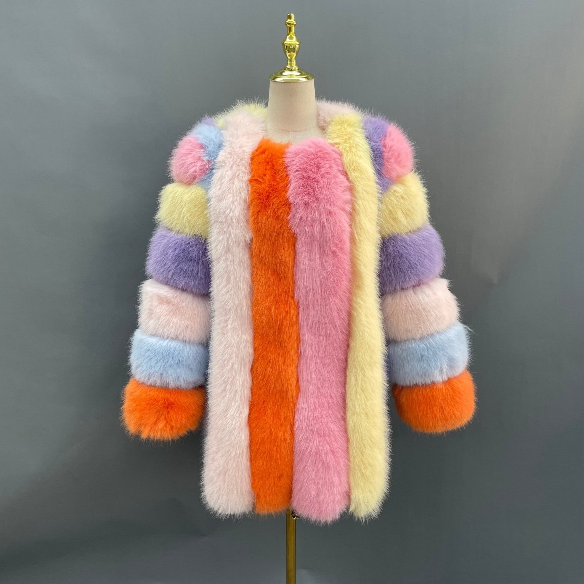 New Women's Vertical Stripe Long Faux Fox Fur Coat Eco Fur Coat - Janefur