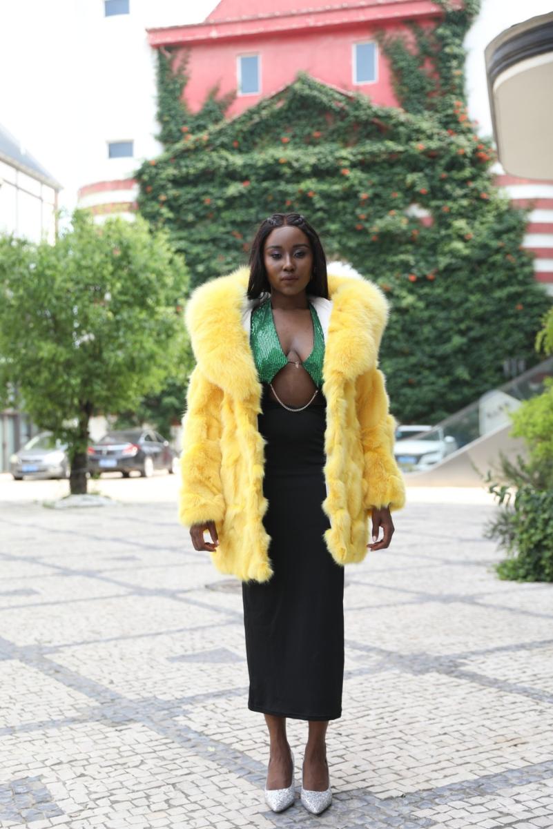 Women's Long Yellow Hooded Fox Fur Coat - Janefur