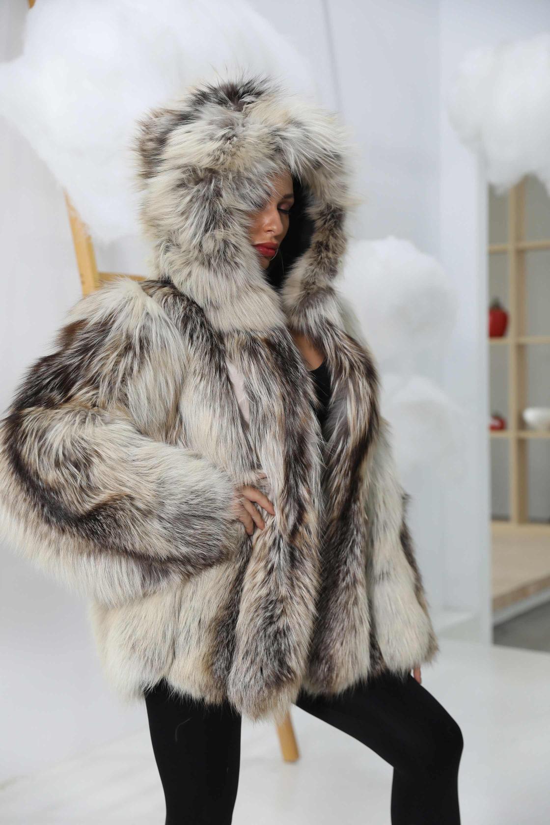 Classic Design Vertical Stripe Natural Color Fox Fur Coat Big Hood Luxury Fluffy Clothing - Janefur