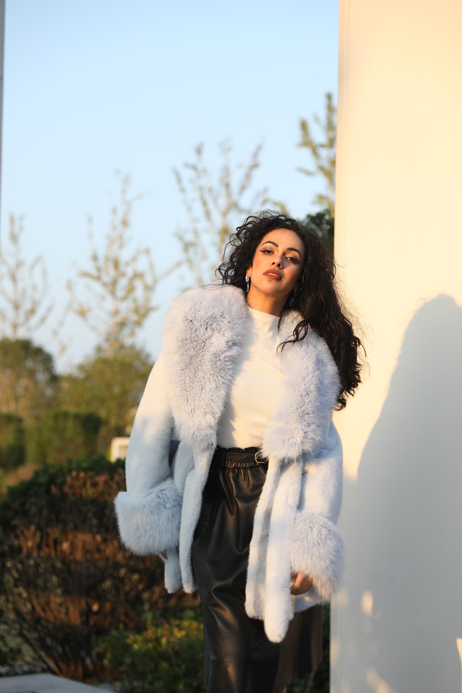 Eco-friendly Mink Fur Faux Mink Fur Shawl Collar Skirt Hem Women's Winter Coat - Janefur
