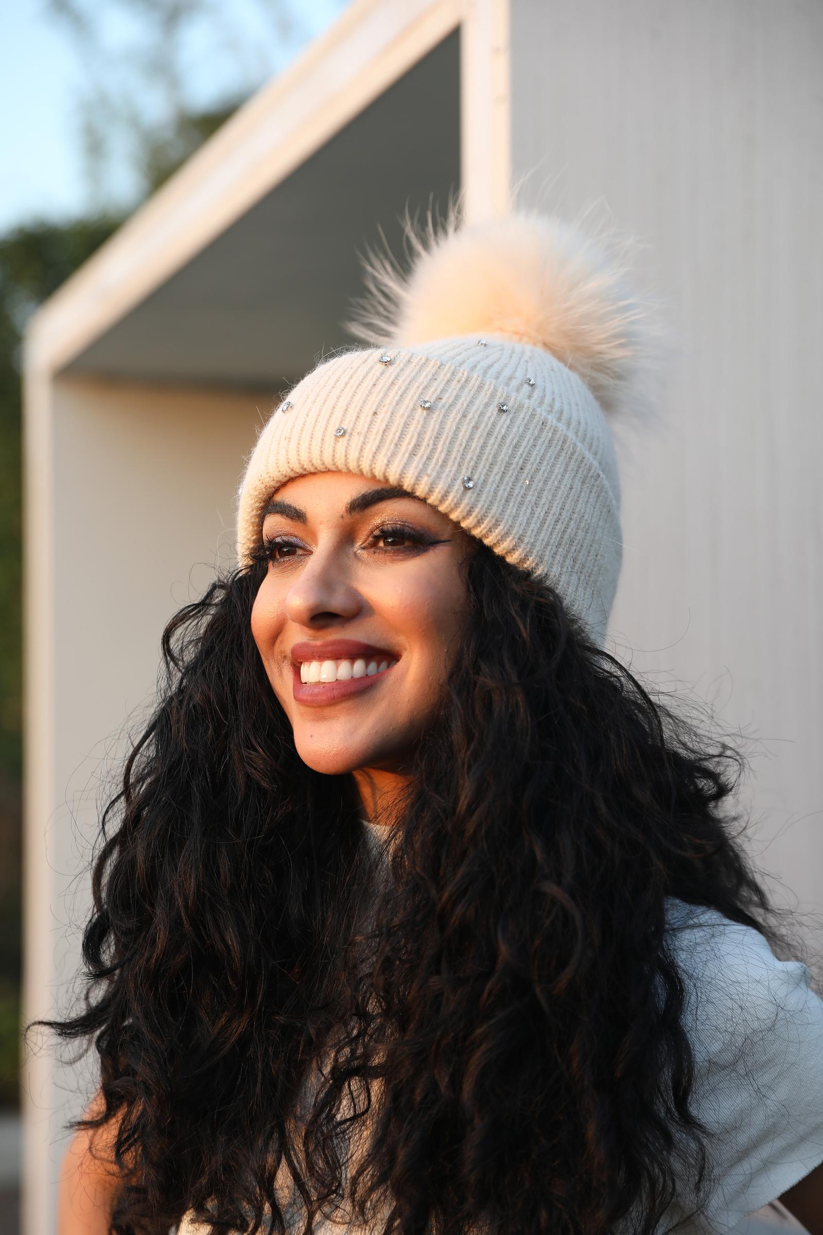 Women's Warm and Casual Rabbit Fur Hat with Sparkling Fur Pompoms - Janefur