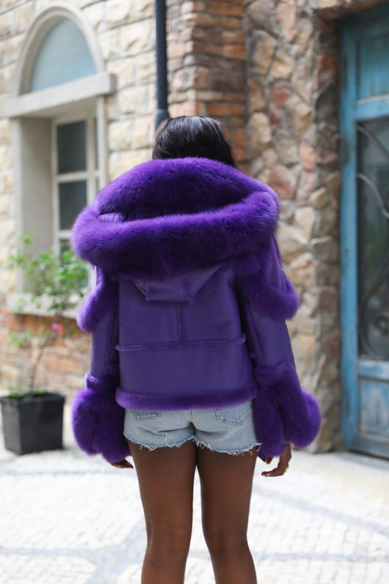 New detachable fur collar on the hood, short leather and fur jacket - Janefur