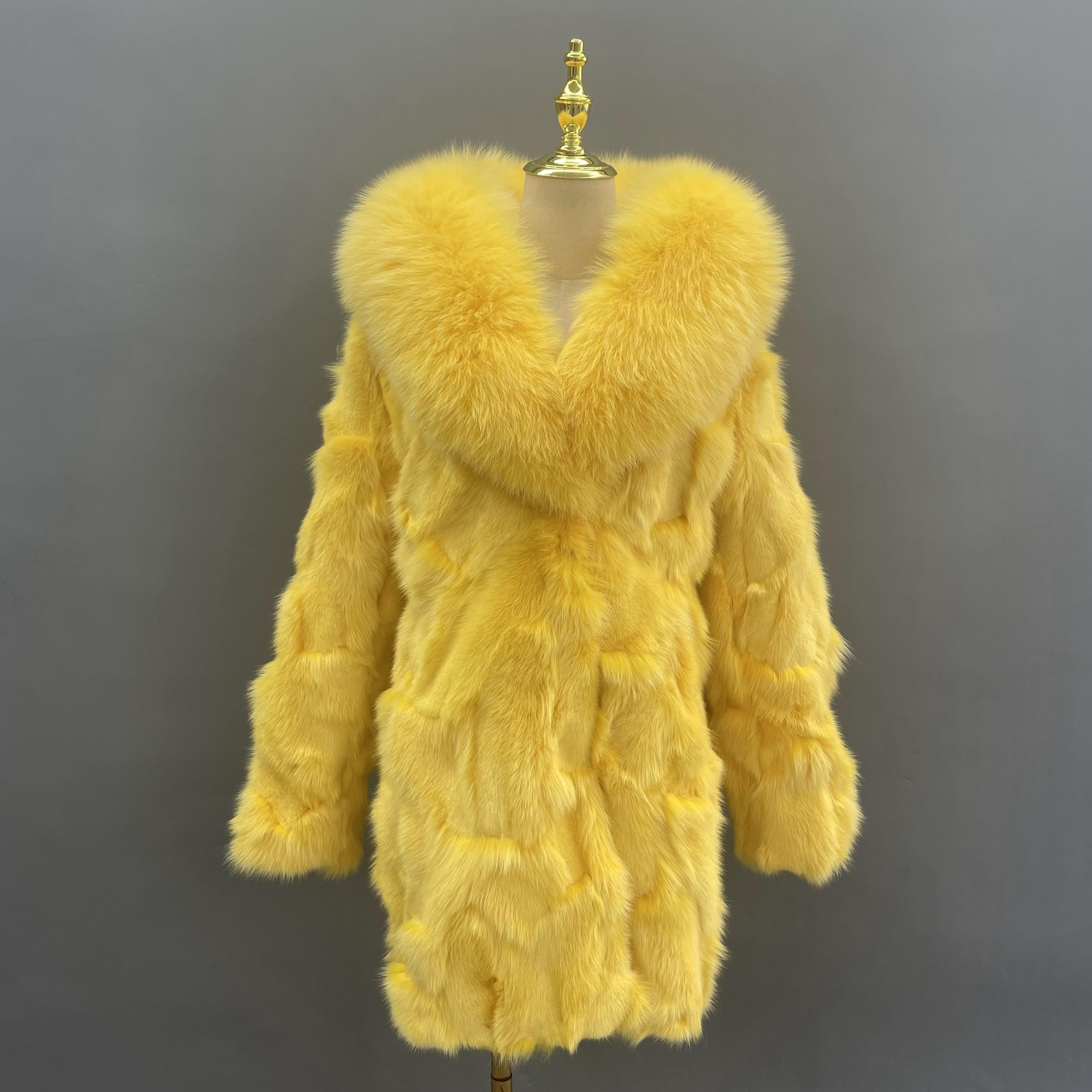 Women's Long Yellow Hooded Fox Fur Coat - Janefur