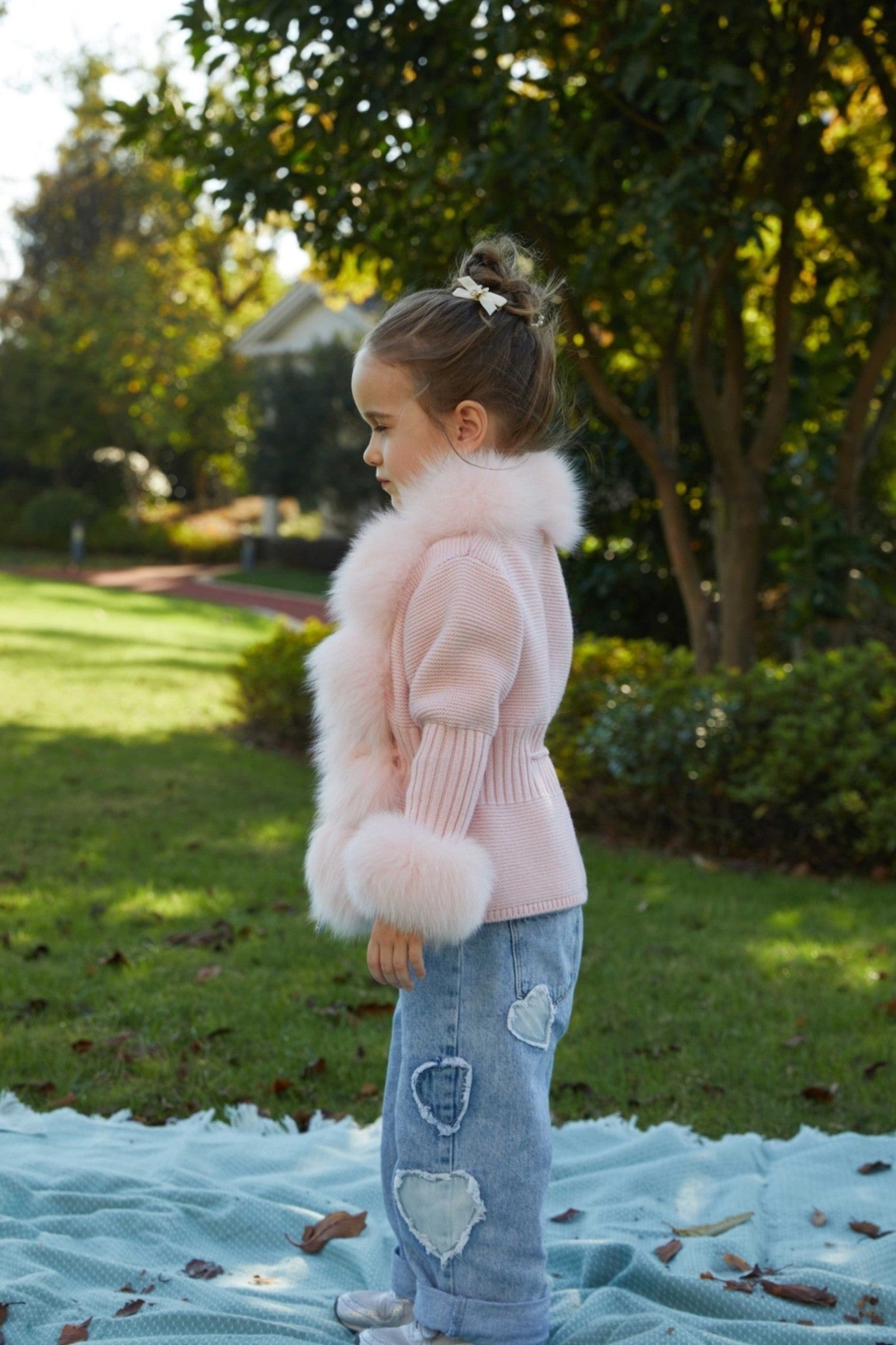 Little Girl's Pink Knitted Children's Coat With Fox Fur Trim - Janefur