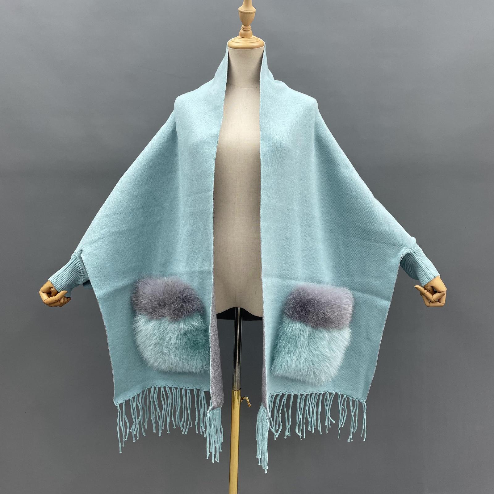 Women's Shawl Cape with Pockets Fur Contrast Ribbed Cuffs Fashionable Soft Sleeved New Cape - Janefur