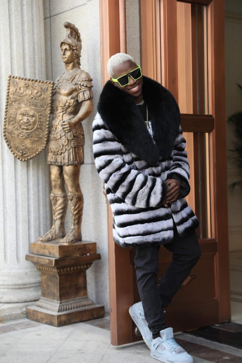 Men's Matching Color Large Fur Collar Rabbit Fur Coat - Janefur