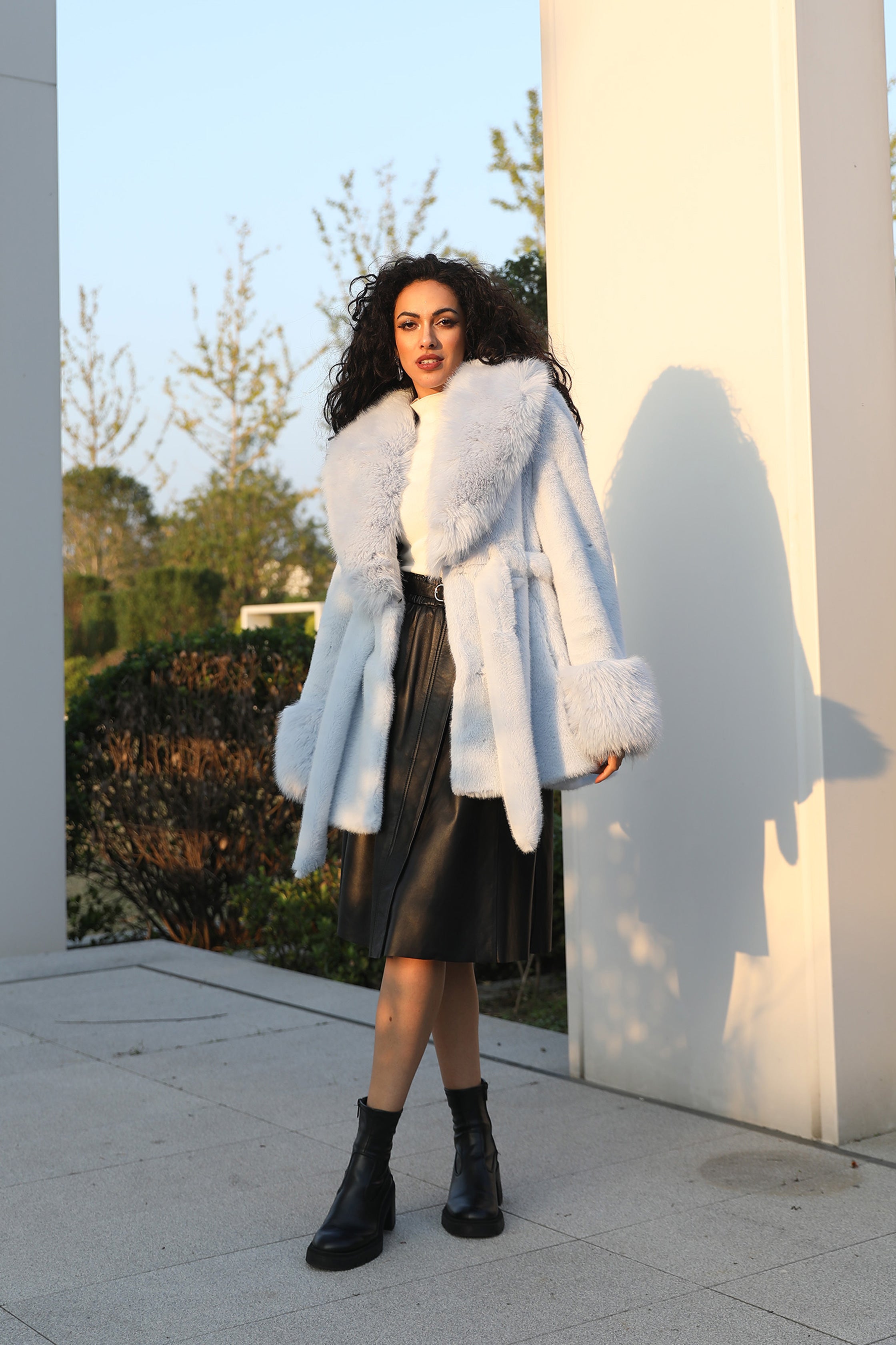 Janefur Womens Short Large Fur Collar Tie-Up Faux Mink Elegant Faux Fur Jacket - Janefur