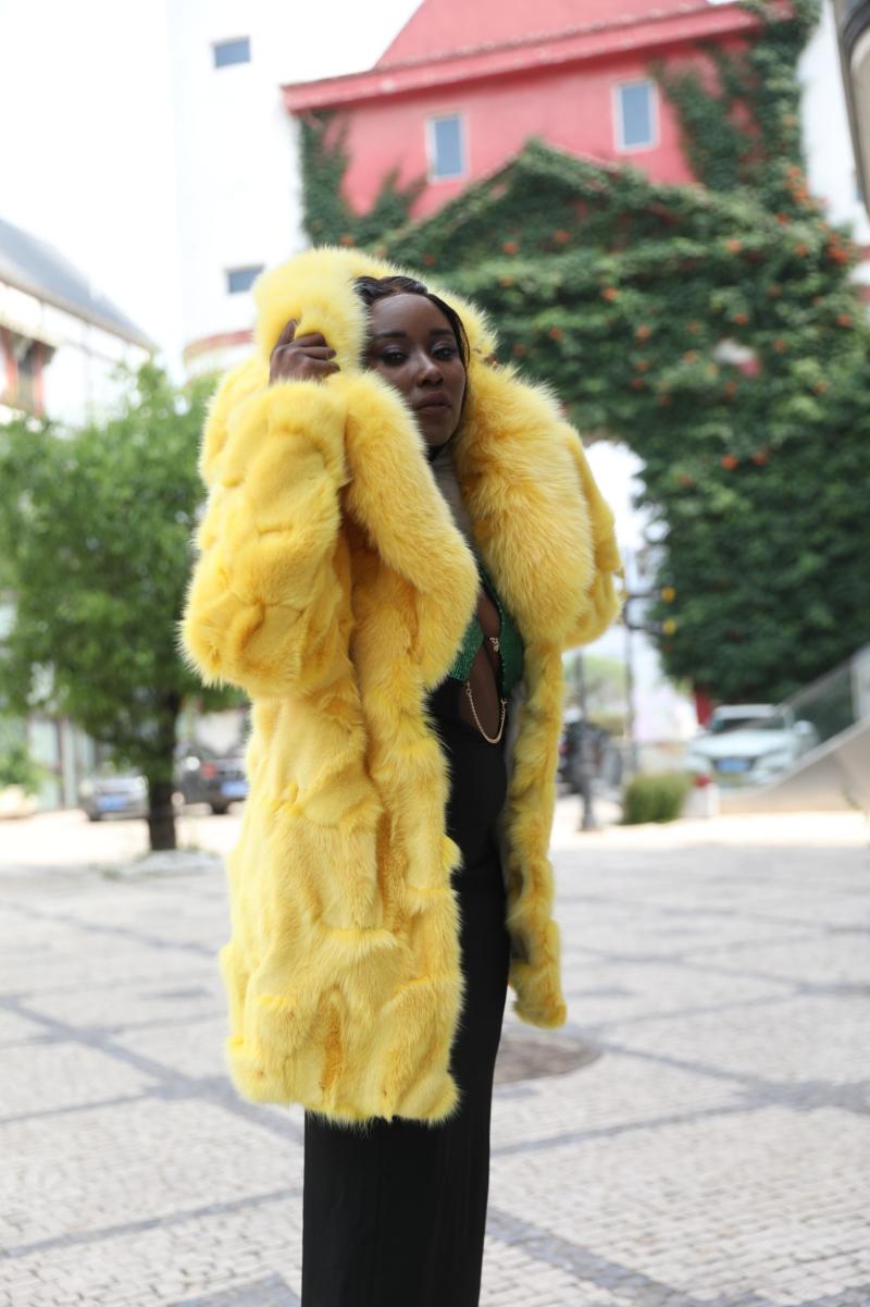 Women's Long Yellow Hooded Fox Fur Coat - Janefur
